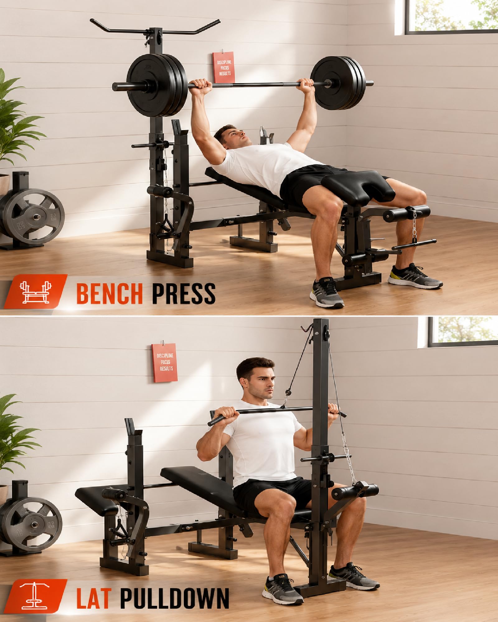 Weight Bench Set with Leg Extension & Preacher Curl Pad, 9-In-1 Adjustable Workout Bench Press with LAT Pulldown, Butterfly Arms & Squat Rack, Multi-Function Strength Training Equipment for Home Gym