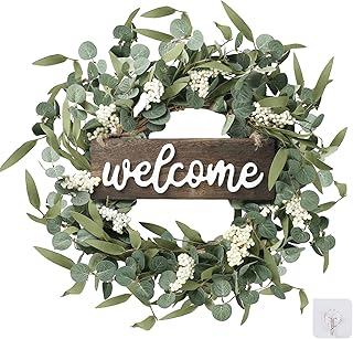 Sggvecsy Green Eucalyptus Wreath with Welcome Sign 20in Artificial Eucalyptus Wreath Spring Summer Wreath with White Berries for Front Door Wall Window Festival Farmhouse Porch Patio Garden Decor