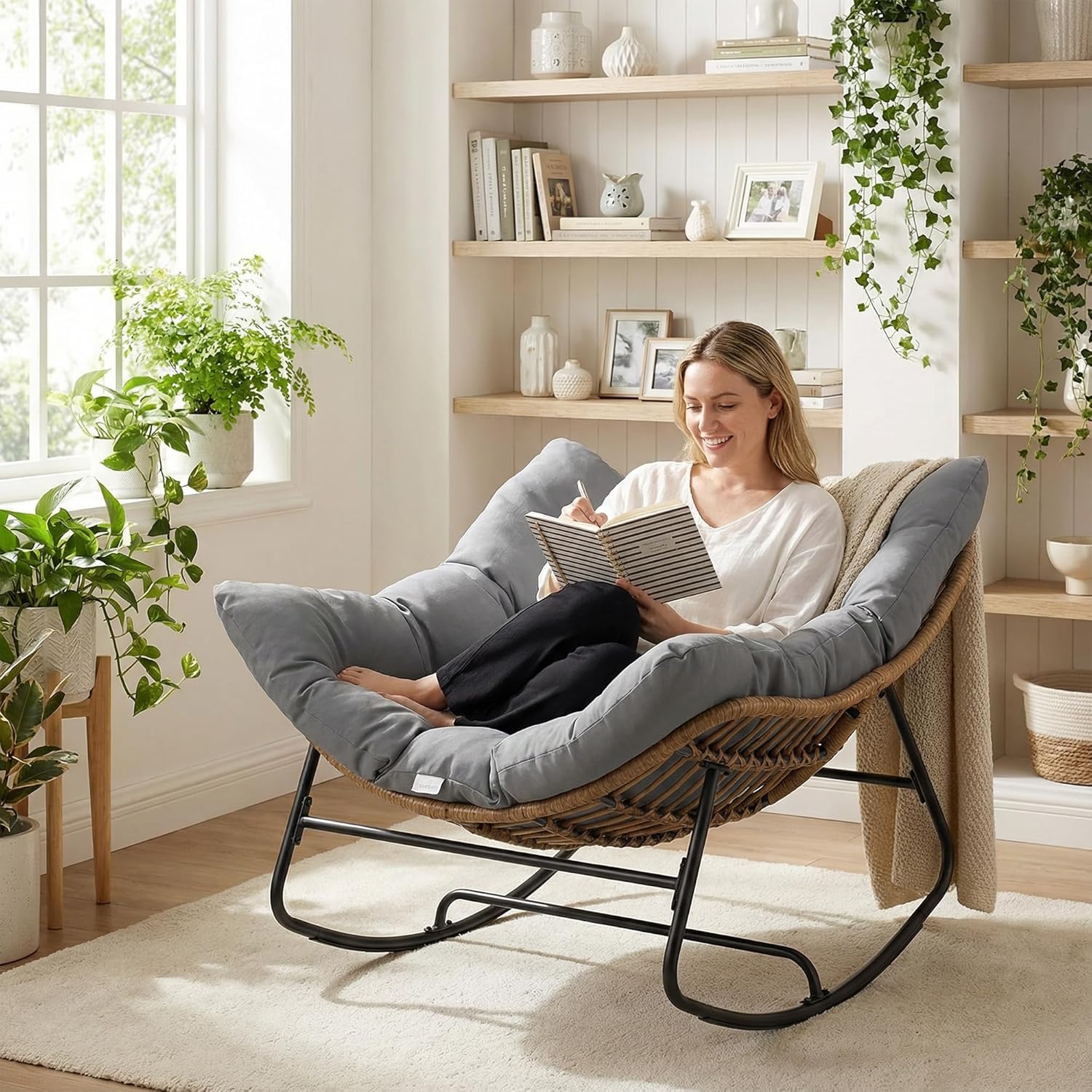 COSIEST Oversized Papasan Rocking Chair with Extra Thick Cushion - 58 in Rattan Wicker Egg Chair for Indoor/Outdoor Use, Swivel Lounge Chair for Patio, Living Room, Bedroom, Grey