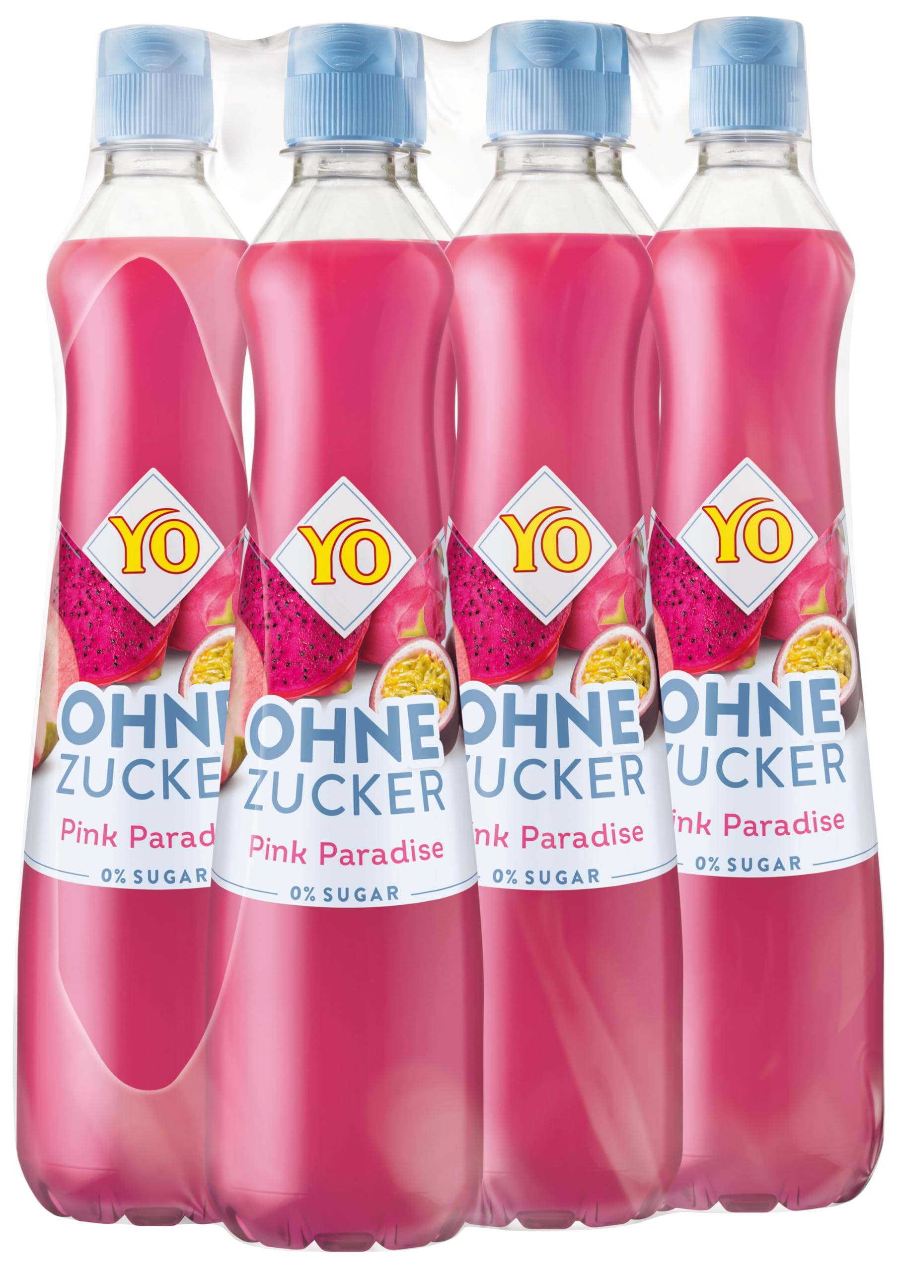 YO Sirup Pink Paradise (6 x 700 ml) Fruchtsirup, ohne Zucker, Drachenfrucht-Maracuja-Geschmack, nur 2 Kalorien in 100 ml Fertiggetränk, vegan, 1 Flasche ergibt bis zu 6 Liter