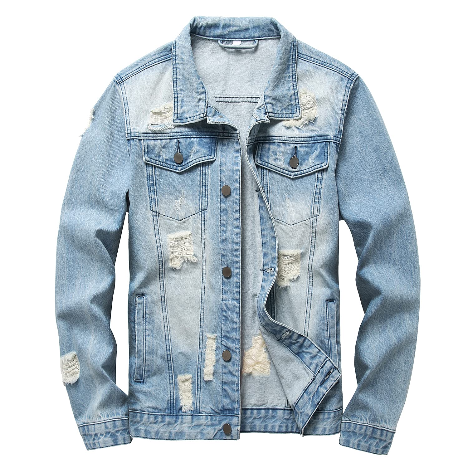 RANMCC Jean Jacket for Men Slim Fit Ripped Denim Jacket Coat