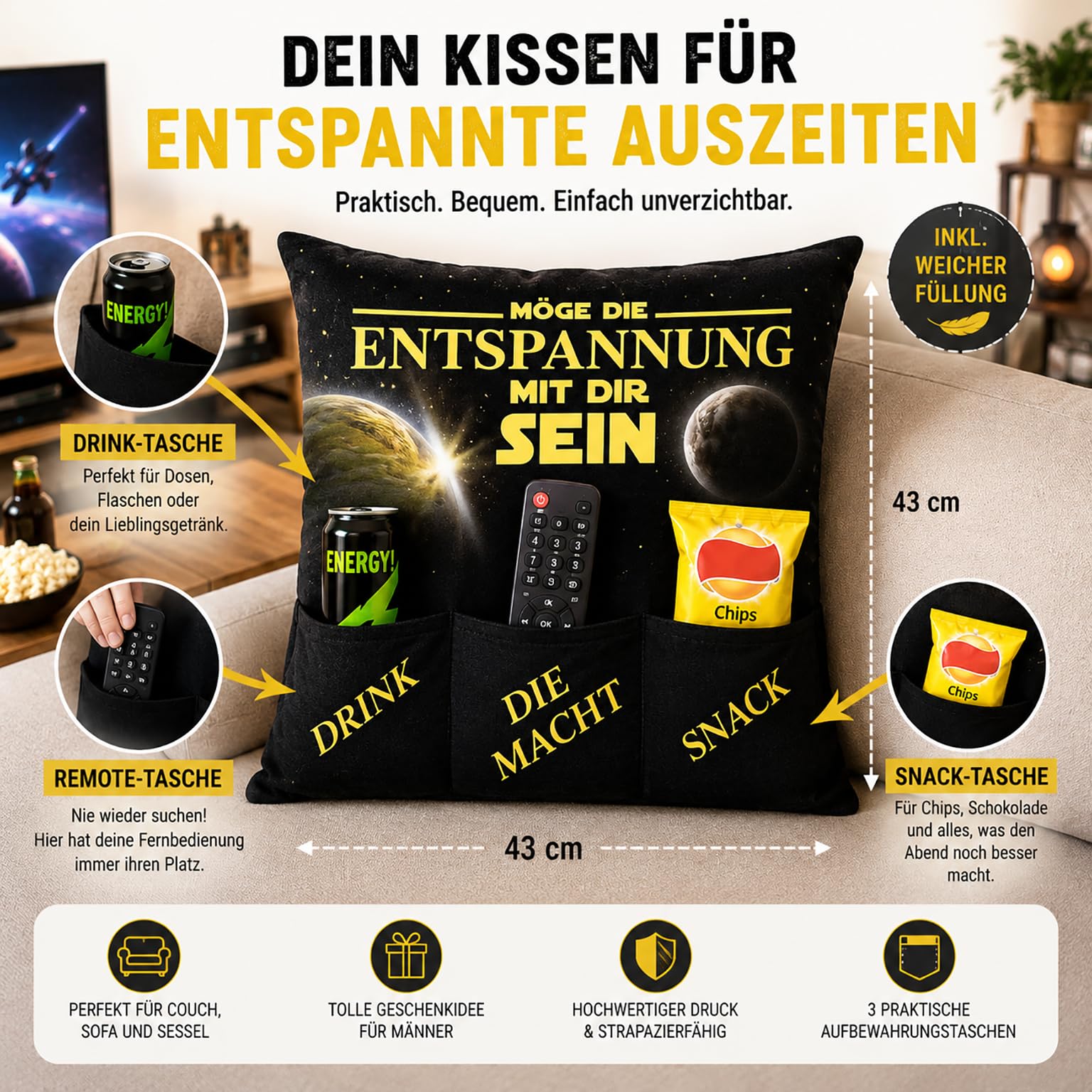 KAMACA Entspannungskissen mit Spruch und Taschen für Snacks - lustiges Geschenk für Mann und Frau - Wichtelgeschenk (Entspannung)