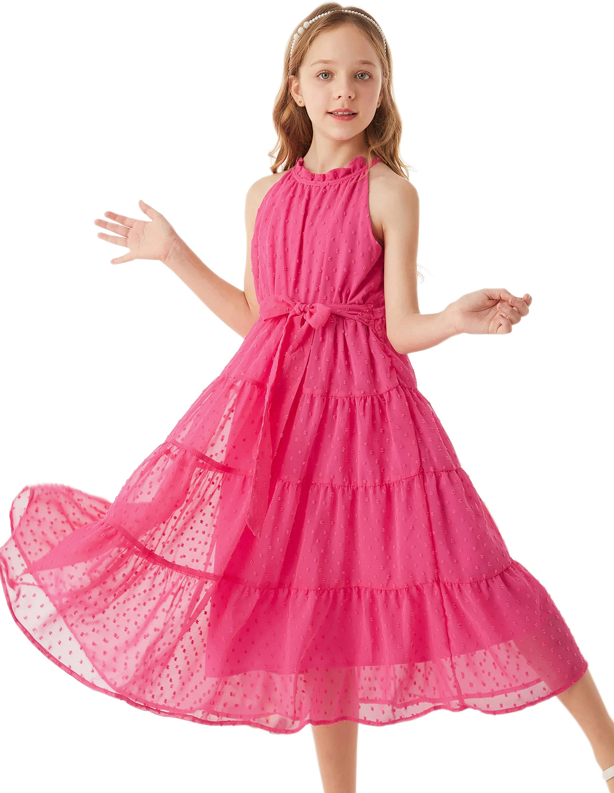 GRACE KARIN Vestido Niña Elegante Gasa Malla Escote Halter 6-12 Años