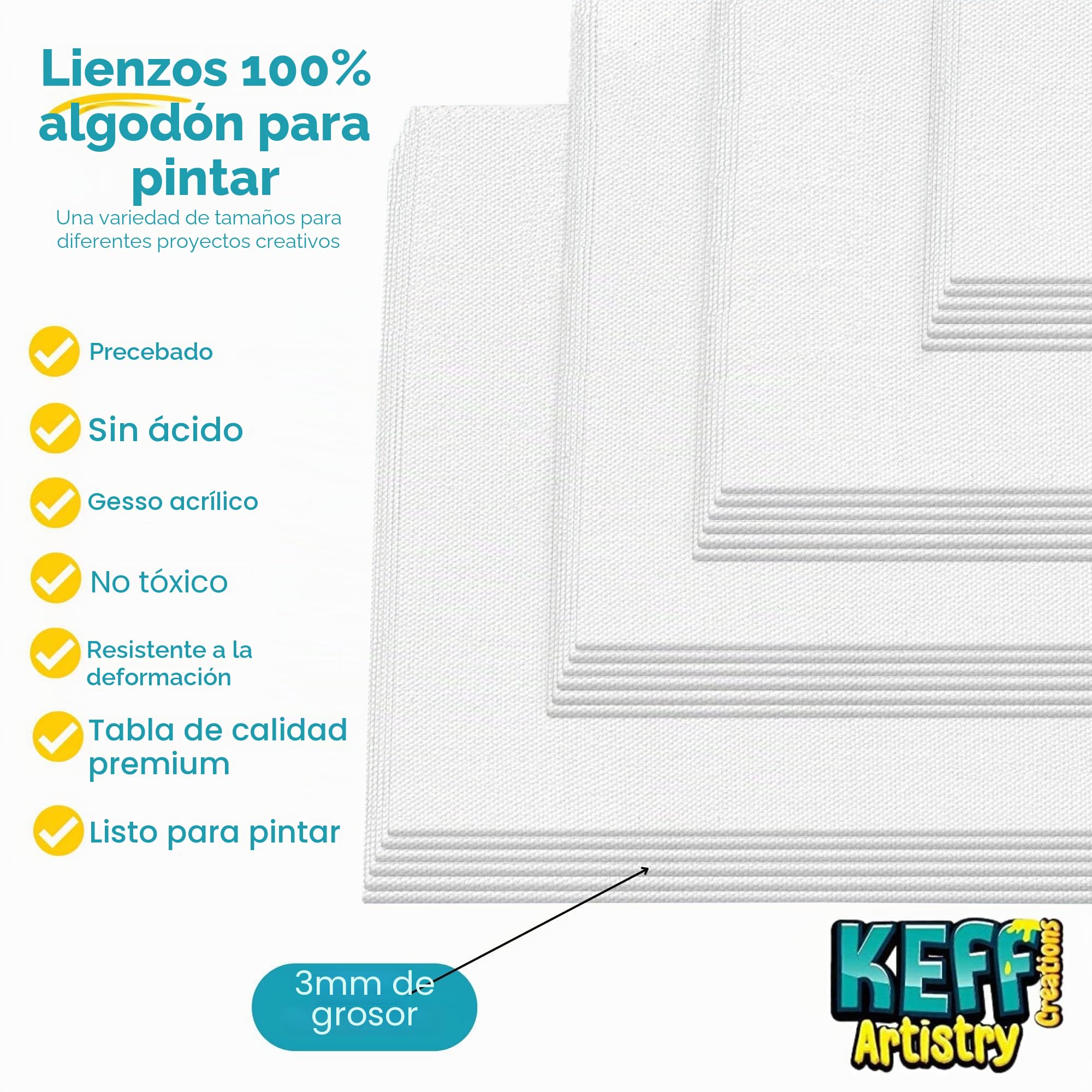 KEFF Tableros de lienzo para pintar, paquete de 24, suministros de arte, lienzo de pintura de 5 x 7, 8 x 10, 9 x 12, 11 x 14 pulgadas, lienzo grande preimprimado 100% algodón para suministros de