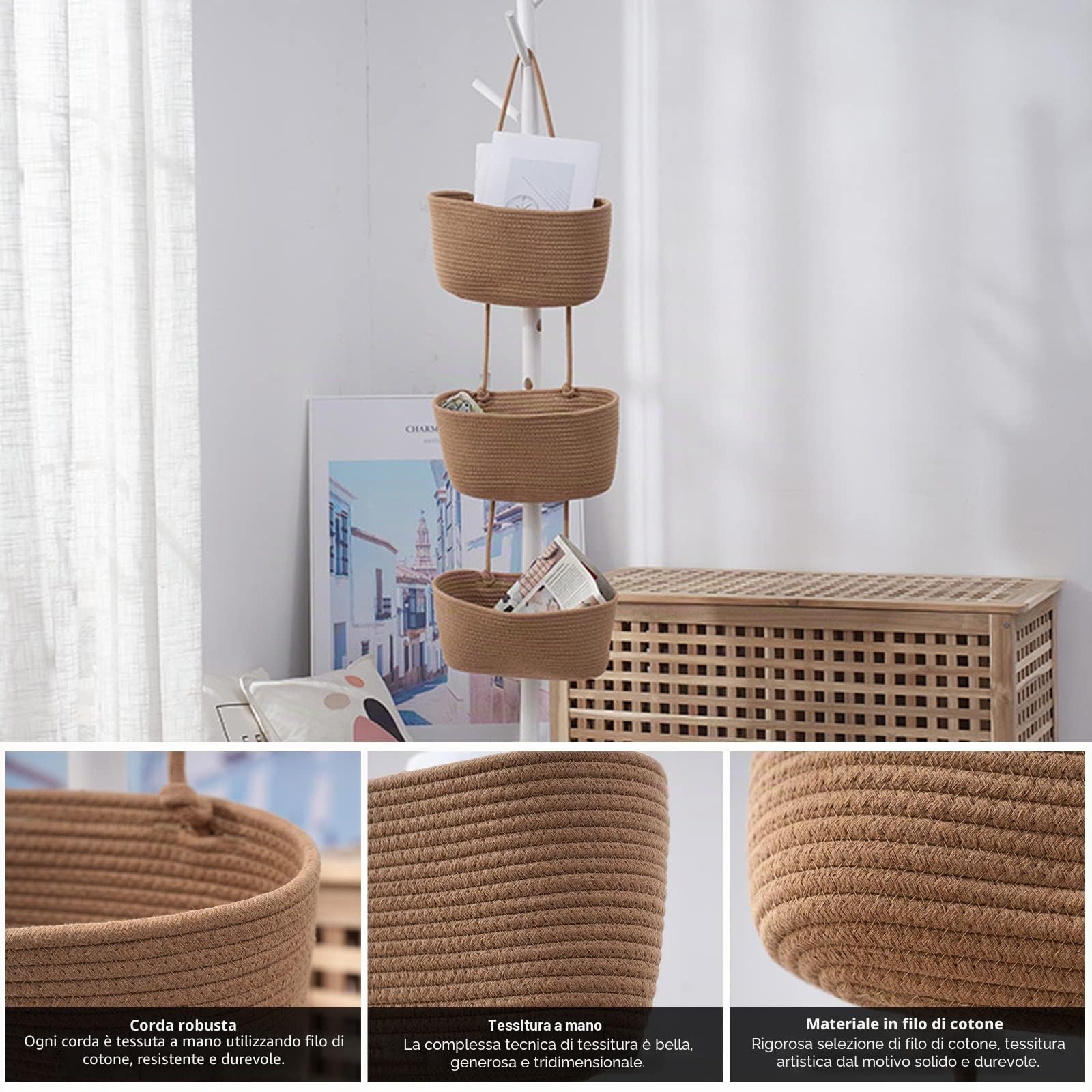 Organizzatore sospeso, a 3 livelli, da appendere alla parete, in corda di cotone, per soggiorno, camera da letto, bagno, cameretta dei bambini (B)