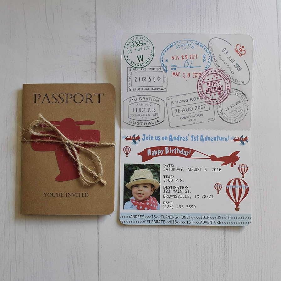 Amazon.com: Passport Birthday Invitations Vintage Airplanes & Hot Air Balloons- Set of 10 : Home & Kitchen for Free Printable Passport Birthday Invitation Template