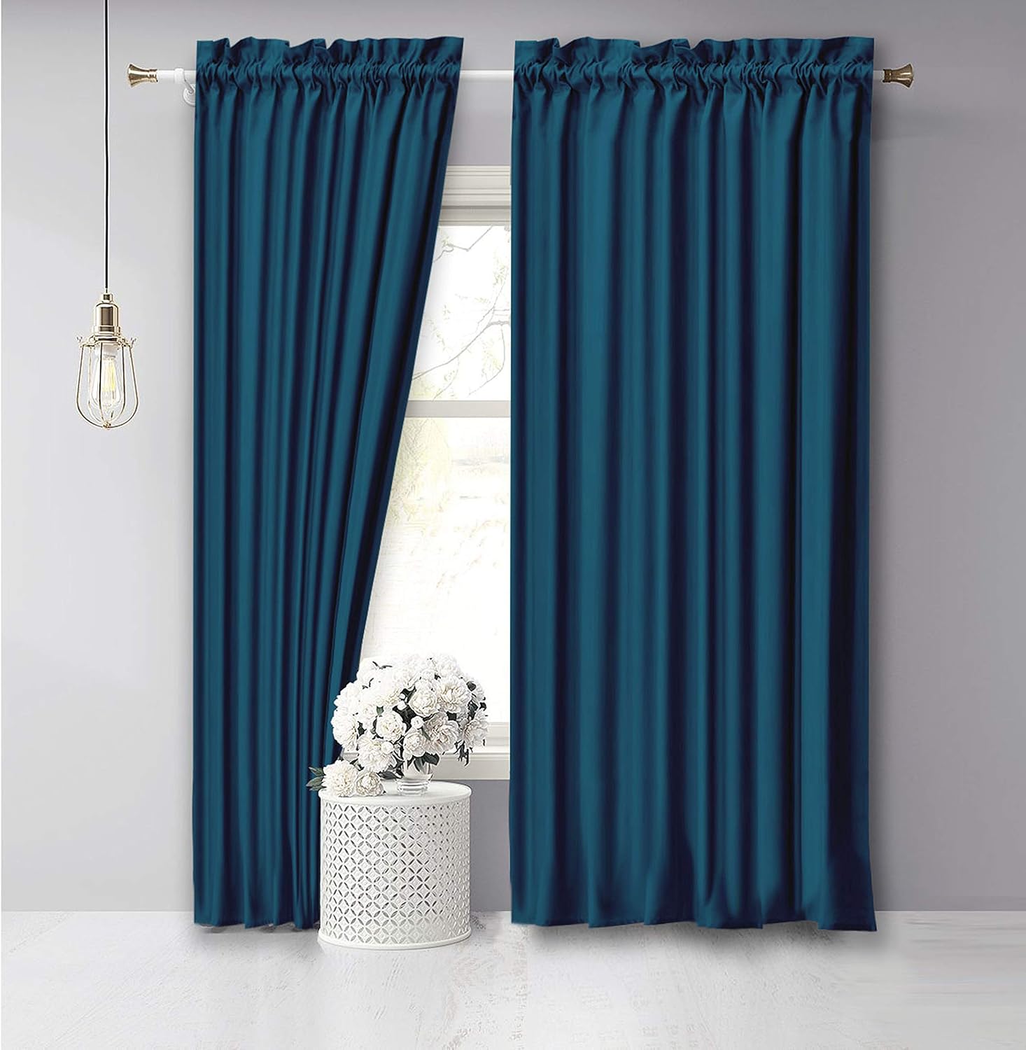 Cotton Slub Teal Blue Curtains 46 Inch Window Curtain 2-Panel Rod Pocket Living Room Drapes Curtain Set
