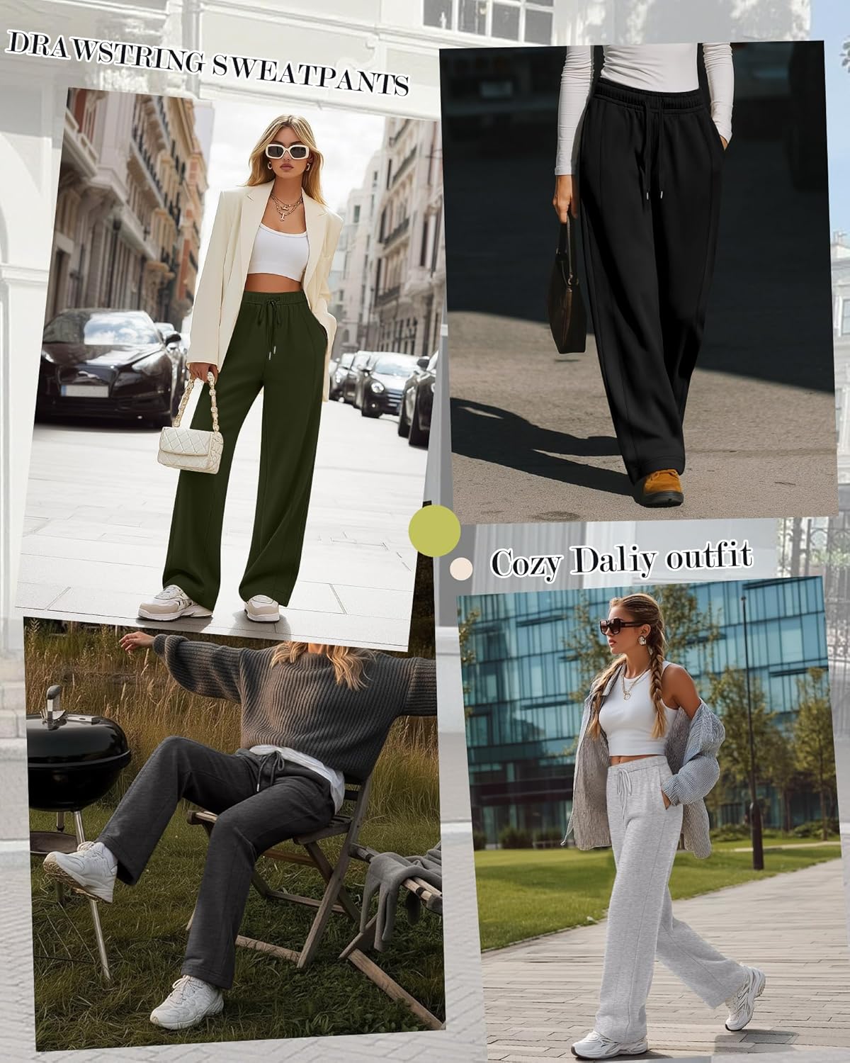 4 Pack Women's Wide Leg Sweatpants, Baggy Straight Elastic Waist Drawstring Multipack Lounge Trousers with Pockets - Image 3