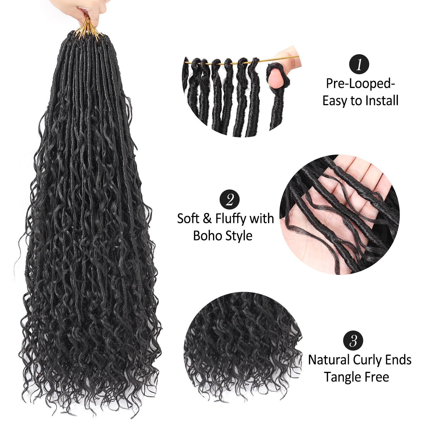 Boho Faux Locs Crochet Hair, Pre-Looped Goddess Locs with Curly Ends