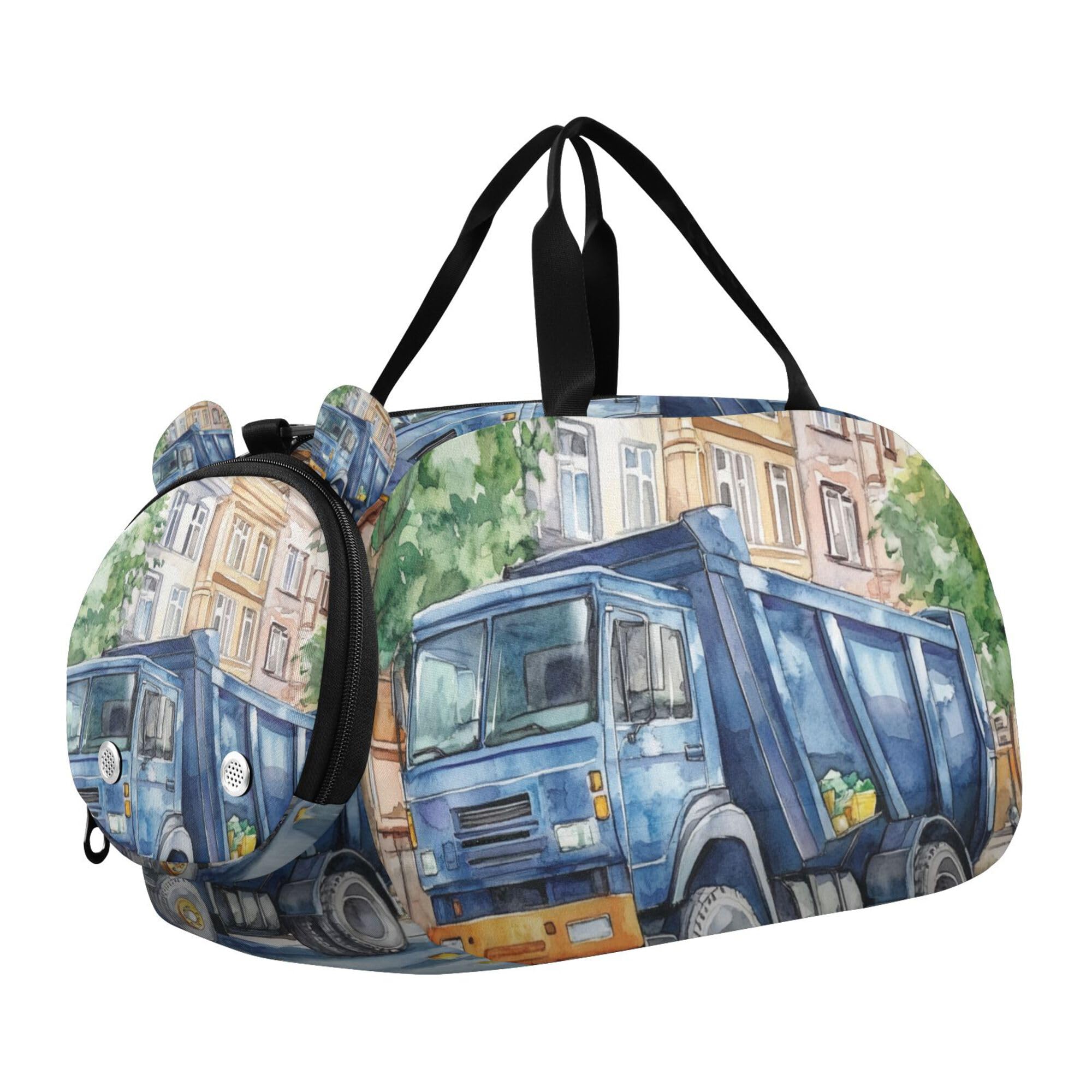 Glaphy Cartoon Garbage Truck Duffle Bag for Toddler Boys Girls, Gym Sports Bag with Shoe Compartments, Kids Travel Overnight Weekender Shoulder Bag