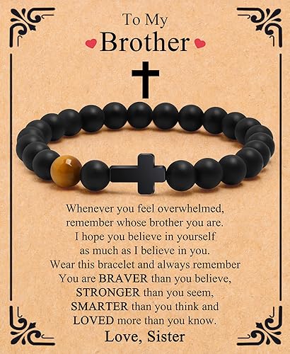 Cross Bracelet for Men to Dad Son Grandson Husband Godfather Uncle Nephew Brother Gift Inspirational Tiger Eye Bead Elastic Healing Bracelet