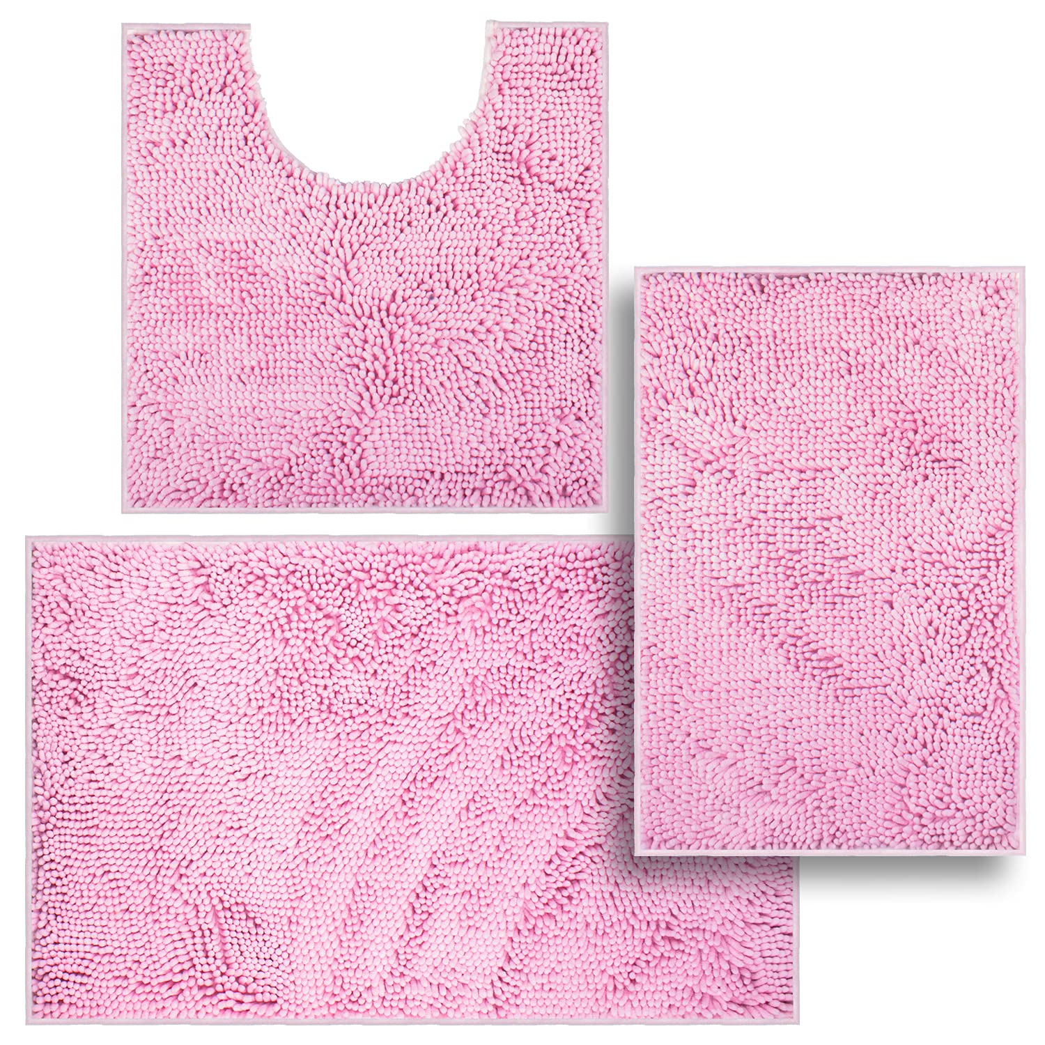 VAGAU3 Pieces Bathroom Rugs, Anti-Slip Chenille Bath Rug, Super Absorbent Luxury Shaggy Bath Mats Set, Perfect Plush Carpet for Tub, Shower, Bath Room,Machine Washable(Pink)