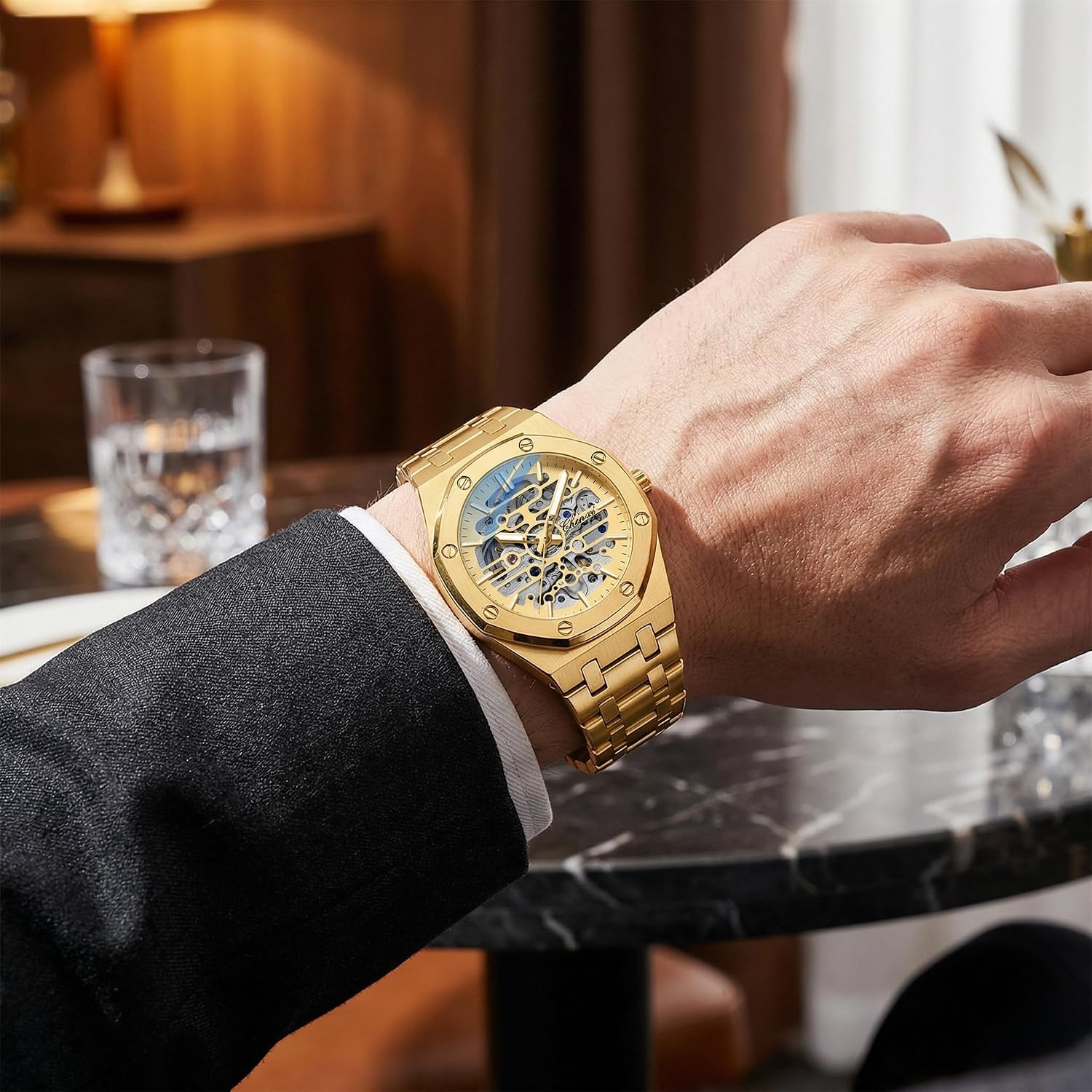Verhux Automatic Watches for Mens Gold Skeleton Luxury Mechanical Classic Original Stainless Steel Waterproof Wrist Watches Black Silver Tone