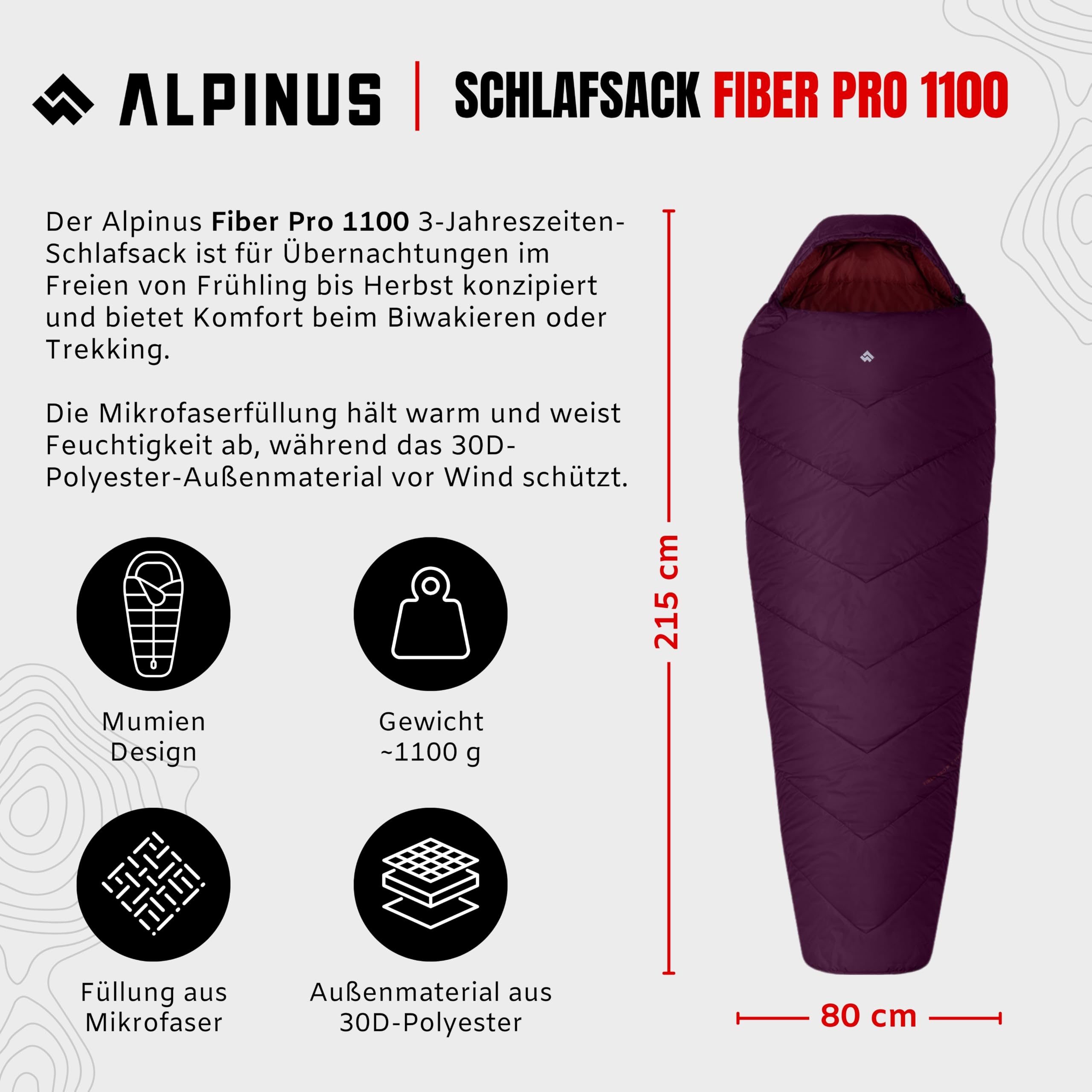 Alpinus - Śpiwór dla dorosłych Fiber Pro 1100, śpiwór, 215 x 80 cm, lekki śpiwór z dwukierunkowymi zamkami błyskawicznymi, śpiwór typu mumia ze ściśliwym pokrowcem, śpiwór kempingowy