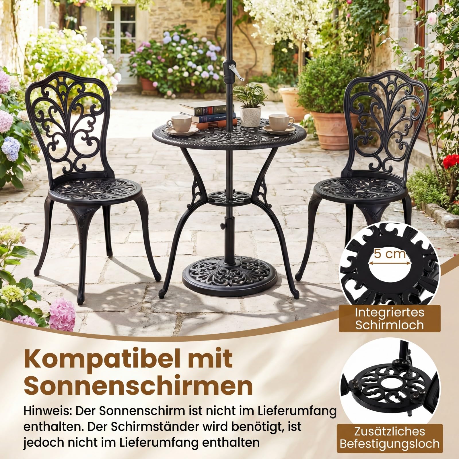 COSTWAY Bistroset 3-teilig, Bistrotisch mit 2 Stühle & Schirmloch, Gartenmöbel Set, Balkonmöbel aus Aluminiumguss, Balkonset, Gartengarnitur, Sitzgruppe für Garten, Terrasse, Balkon, Schwarz