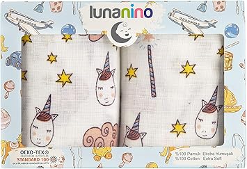Lunanino Nursery,Bedding,Blankets & Swaddlers,Swaddles Muslin Swaddle Blankets/Set of 2/Extra Large (120x120 cm) & Large (75x75 cm)/Unicorn Patterned/Gift Boxed-Oeko-TEX® Certified-Ultra Soft Muslin Cloths for Baby Girls or Boys