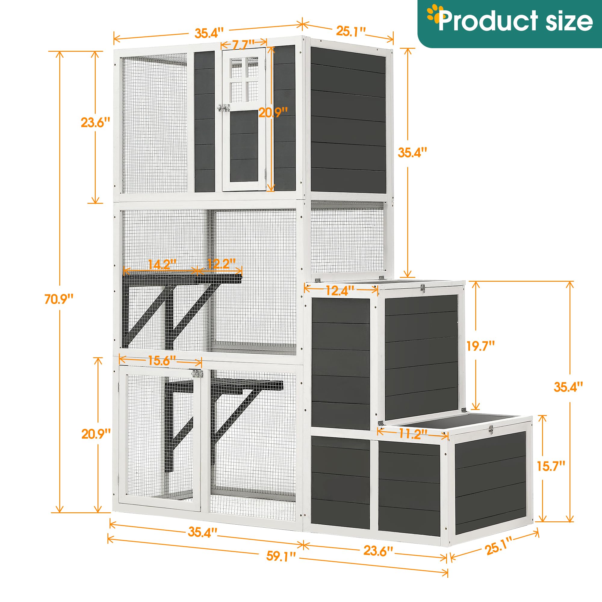 Acosure 71 Inch 3-Tier Wooden Catio Outdoor Cat Enclosure with 4 Platforms and 2 Doors,Cat-House Kitty-House W/ 2 Resting Rooms & 1 Jumping Box,Walk-in Kitty Kennel Condo Shelter,Gray