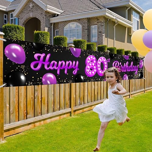 Miniatura 10 de Cartel de feliz cumpleaños 85 morado y negro, decoración temática de globos de confeti para mujeres de 85 años, suministros de fiesta de cumpleaños,