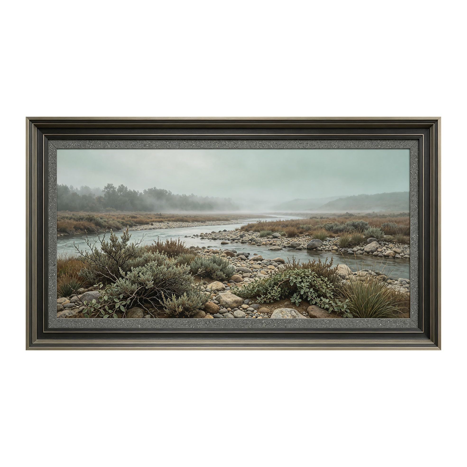 Yzpallescene 3D Framed Wall Art 50cm×100cm Misty River Landscape Panoramic Watercolor Realistic Large Size SelfAdhesive Removable Wall Decor Prints Artwork for Living Room Bedroom Office