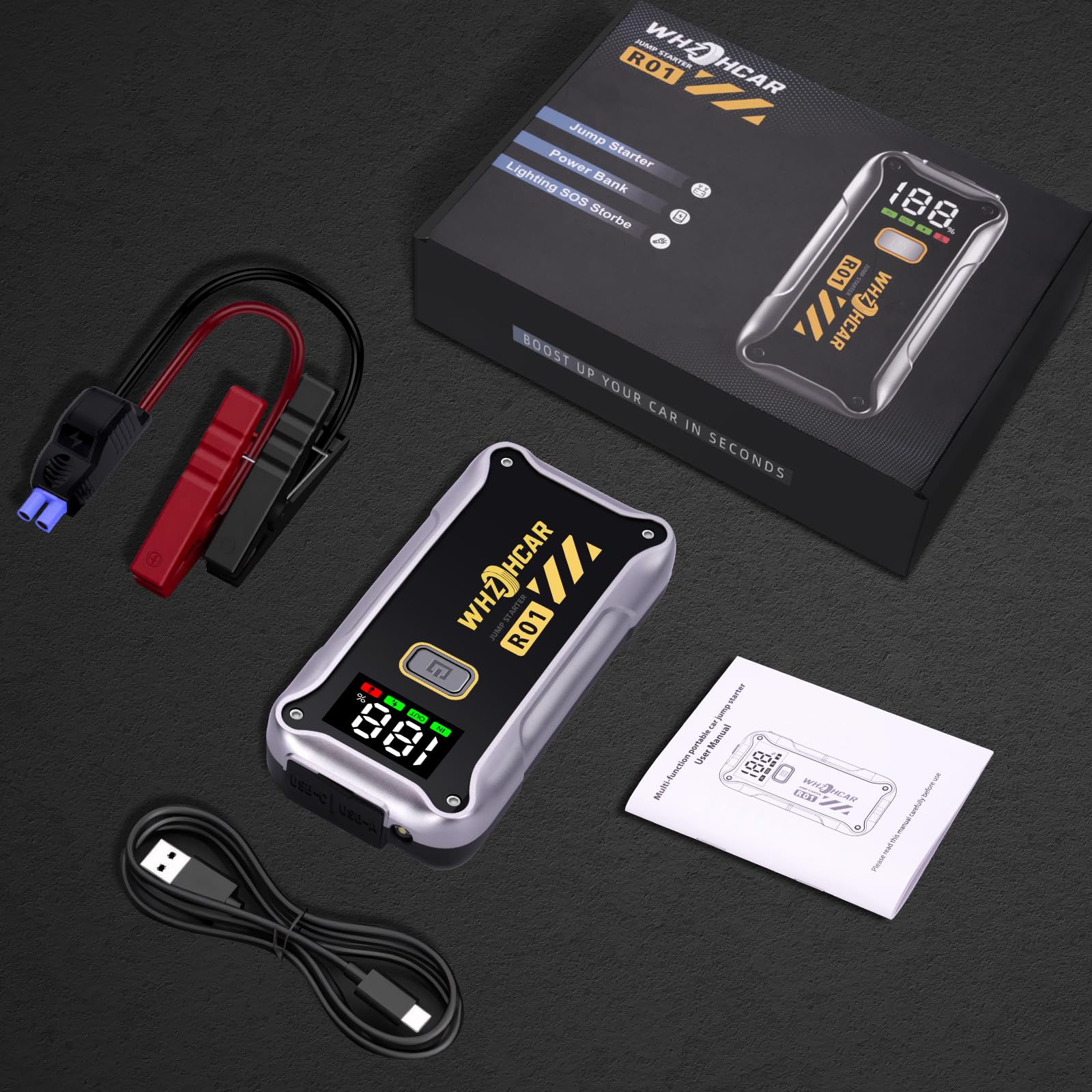 Booster Avviamento Auto 4000A 12V Starter Batteria Portatile con Schermo LCD Jump Starter per Auto, Camion, Moto, SUV - Avviatore e Cavi Batteria Estesi Booster Batteria