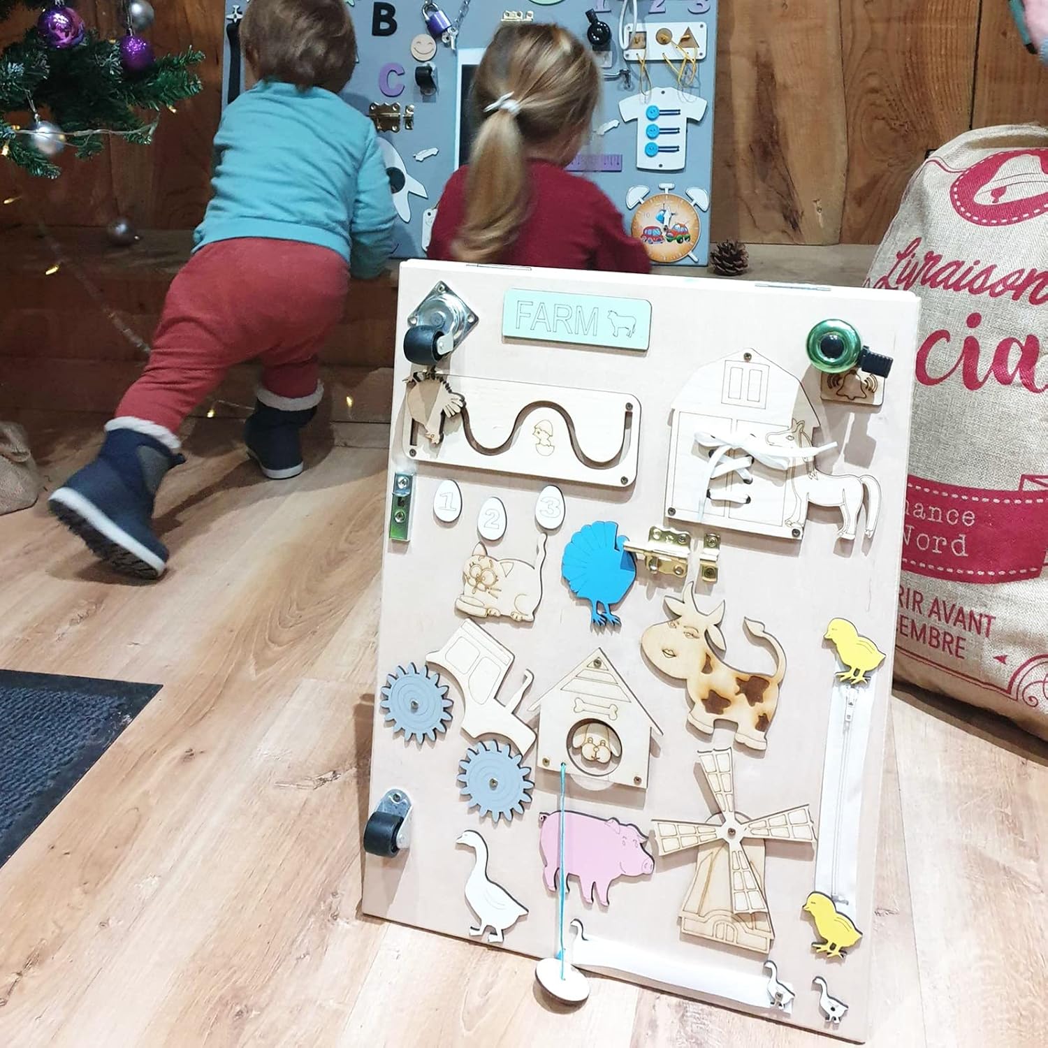 Leo Montessori Busy Board Sensory Activity Board Freestanding Wood Double Sided Natural Firm 50cm