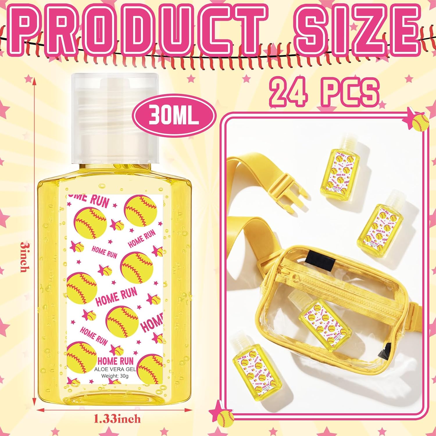 Demissle 24 Pcs Softball Party Favor Aloe Vera Gel for Aftersun Care 1 oz Softball Pattern Flip Cover Travel Size Aloe Vera Gel Bulk Mint Aroma Sports Keepsake for Outdoor Sport Summer Body Care Stuff