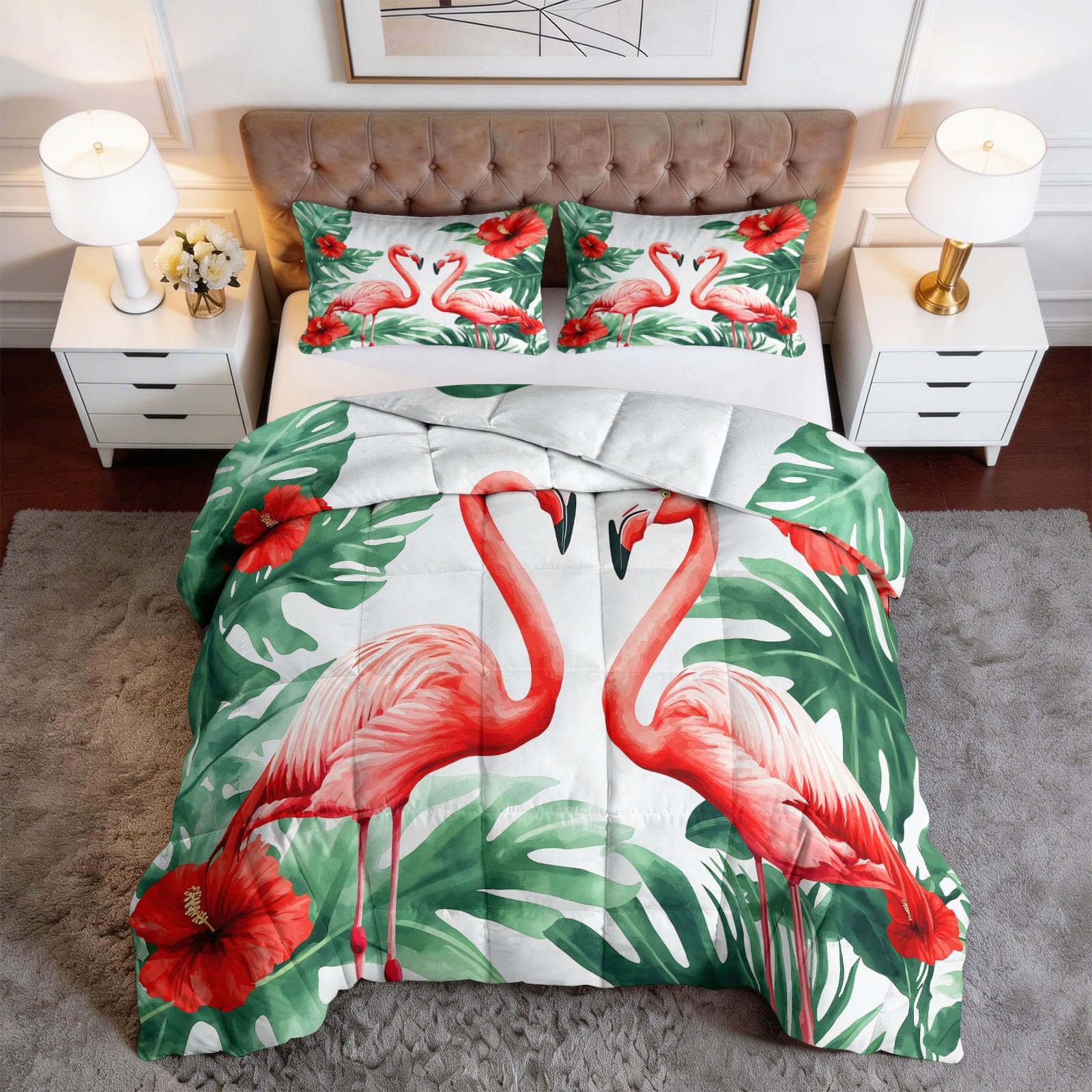 Piumone Invernale Matrimoniale 220 x 240 cm Acquerello Animali Fiori Fenicotteri Trapunta in Ecopiuma 400 gr/mq, Caldo ed Elegante – Biancheria da Letto Anallergica – Set 3 Pezzi, Rosso E Verde