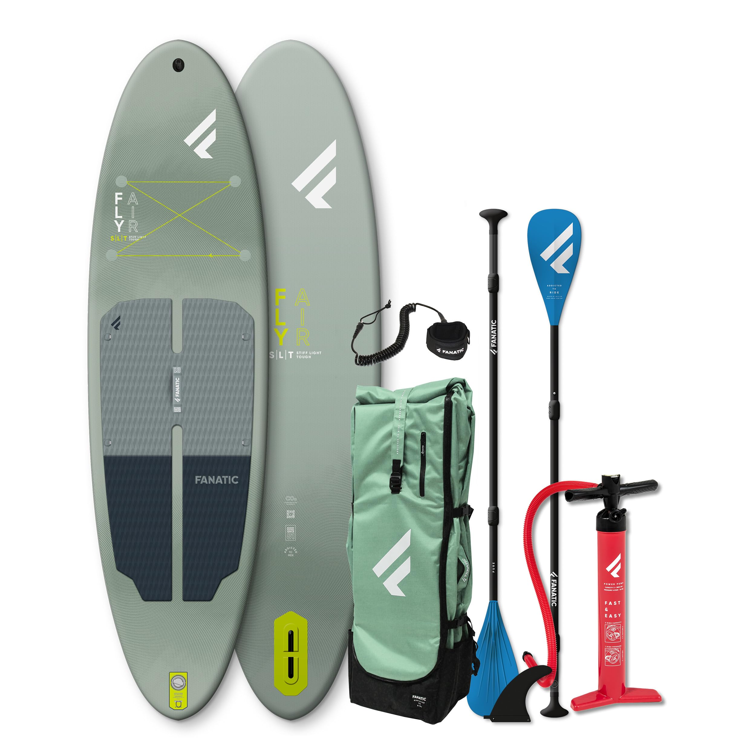 FANATIC Fly Air SLT 10,8 SUP 2025 Grey/Green INKL. Pure Adjustable 3-Piece Paddel