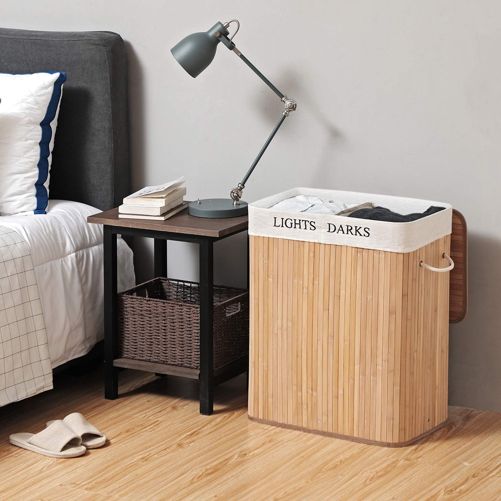 SONGMICS Cesto Portabiancheria, 100 L, Cesta per il Bucato a 2 Scomparti, in Bambù, Coperchio e Maniglie, Pieghevole, Sacchetto Estraibile e Lavabile, Lavanderia, Camera da Letto, Naturale LCB64Y