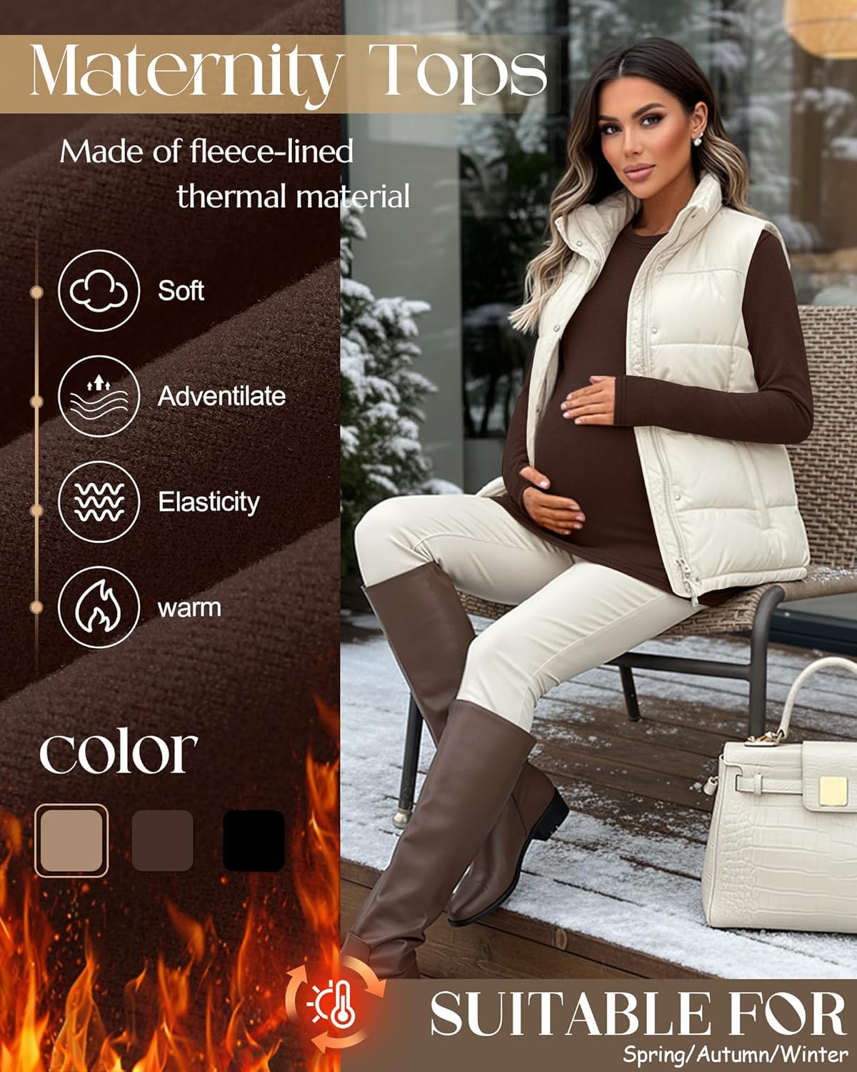 3 Pack Women's Maternity Thermal Long Sleeve Shirts Crew Neck Fleece Lined Pregnancy Top with Thumb Hole Winter - Image 3