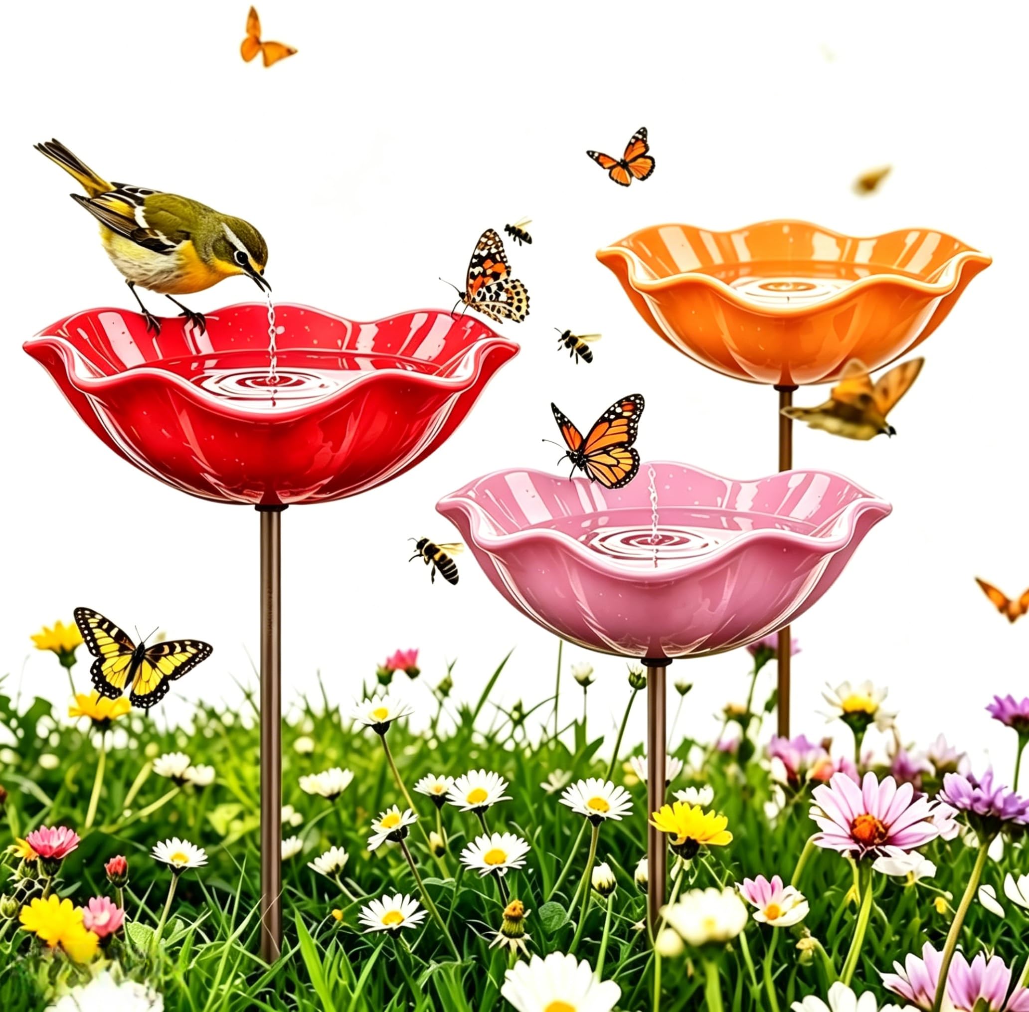 3 Stück Vogeltränke Blume aus Metall, Blumen Gartenstecker Vogeltränke, Handgefertigter Gartenstecke, Insektentränke Gartens, für Garten, Vögel, Bienen, Schmetterlinge (Rot, Gelb, Rosa)