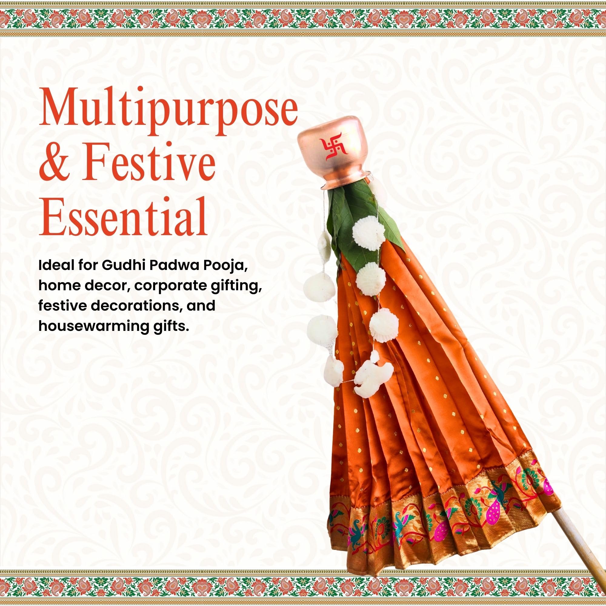 PUNYATVA Gudhi Vastra for Gudhi Padwa Festival (Paithani, Orange) | Traditional Maharashtrian Gudi Cover Saree Cloth for GudiPadva | Readymade Ugadi & GudhiPadawa Decoration Pooja Décor 4