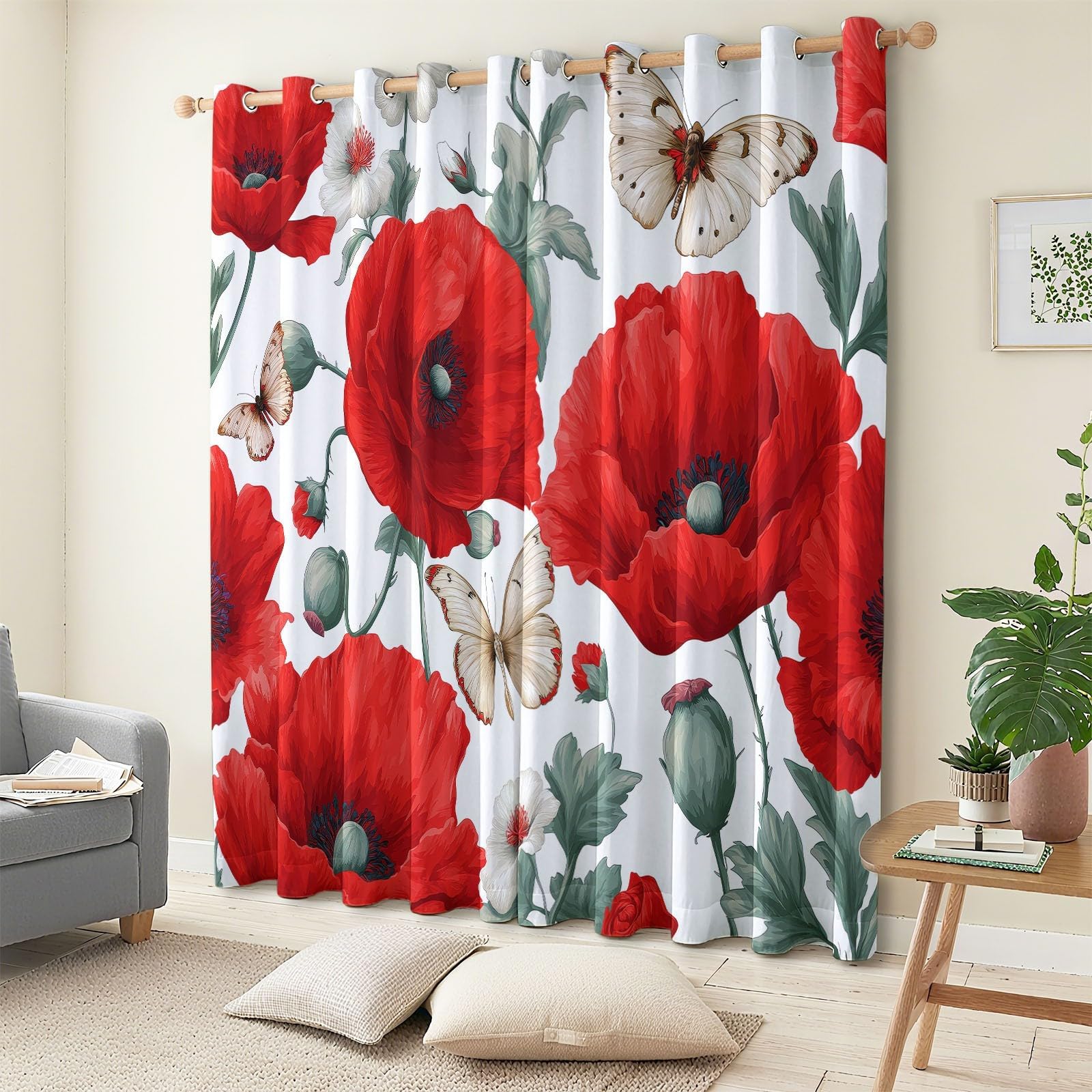 Dsrdrfg Multicolor-4 Butterfly Poppy Flowers Blackout Curtains 140X160cm/55X63in(Wxh) Watercolor Red Floral Window Drapes, Eyelets Curtains For Bedroom Living Room Dining Room Kitchen Decor, 2 Panels