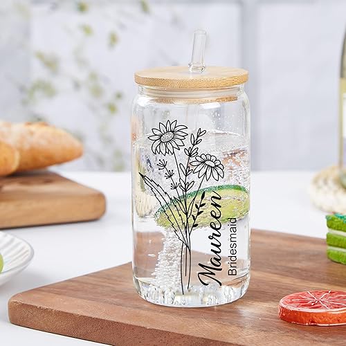 Miniatura 5 de Mostop Tazas de café helado personalizadas con tapas y pajitas, vidrio colorido, nombre personalizado y vaso de flor de nacimiento para ella, amiga,