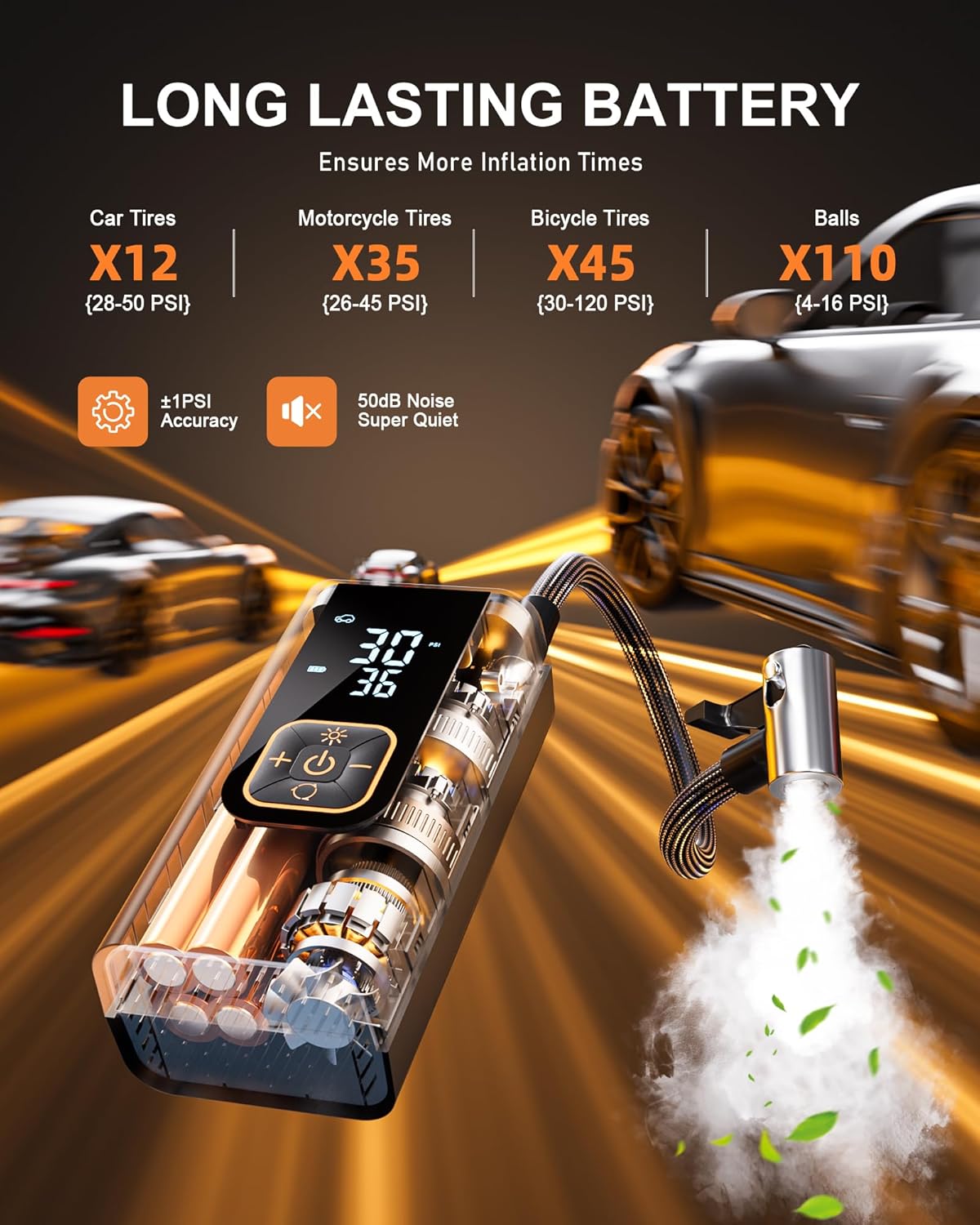 180PSI Tire Inflator Portable Air Compressor, 6X Faster Air Pump for Car Tires with Digital Pressure Gauge, 12V DC Adapter, LED Light, Portable Tire Inflator for Car, Motorcycle, Bike, Balls - Image 3