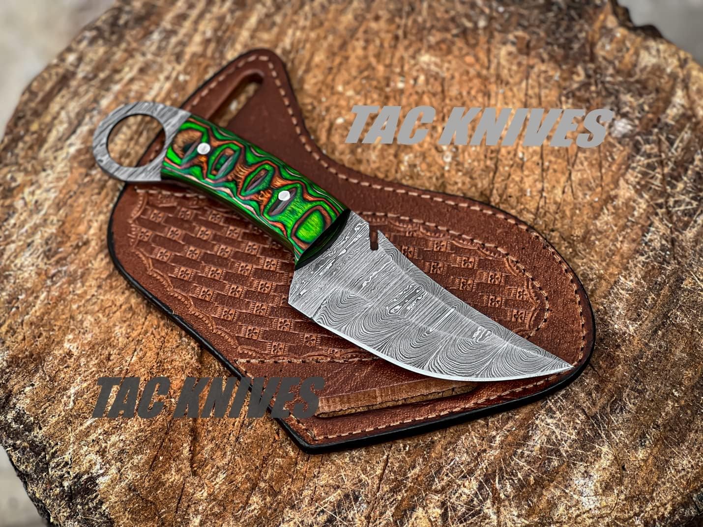 TAC Knives - Bushcraft Survival Knife12T27 Damascus Steel Fixed Blade outdoor Knife- Pakka Wood Handle - Pancake Leather Sheath - Traditional Field for Camping , Fishing, Hunting , Men & Women - EDC Knife to Carry on Belt- (GREEN)