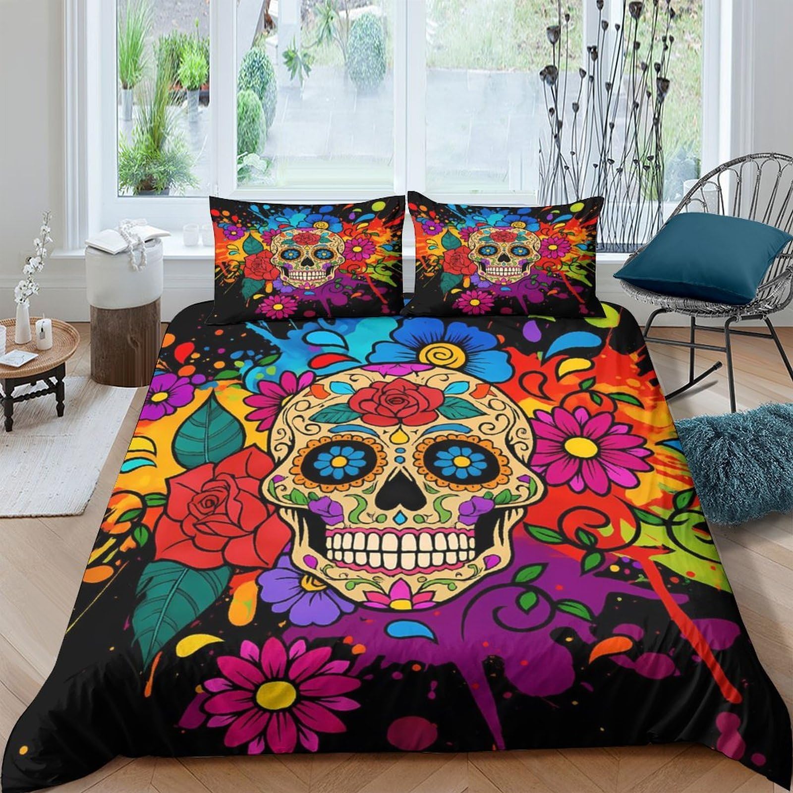 Ctjqhvkz Style-6 3D Printed Colorful Skull Fitted Sheet Microfiber Floral Skeleton Mattress Cover For Bedroom Guest Room Decor Single（135X200cm）