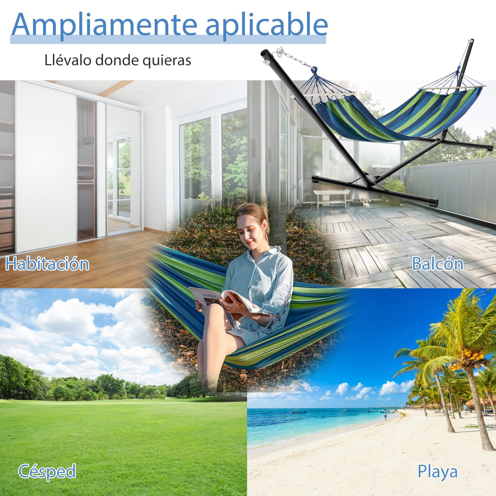 GOPLUS Soporte de Hamaca Universal portátil, Carga máxima 150 KG Material de Hierro, Resistente con Cadena para Colgar, Negro para jardín Camping Balcón, 325 x 100 x 106 CM
