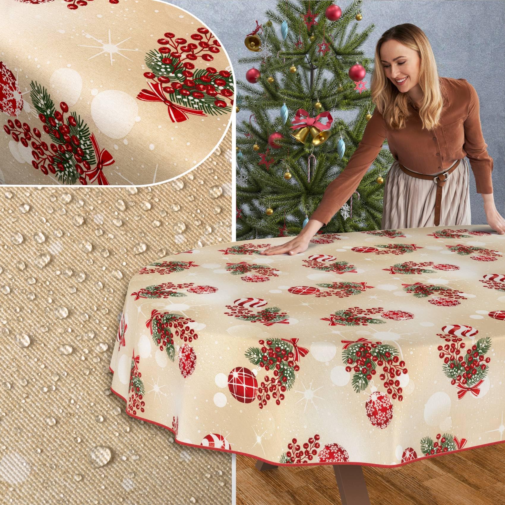 ANRO Tischdecke abwaschbar Weihnachtskugeln Beige mit Saum oval 220x140 cm