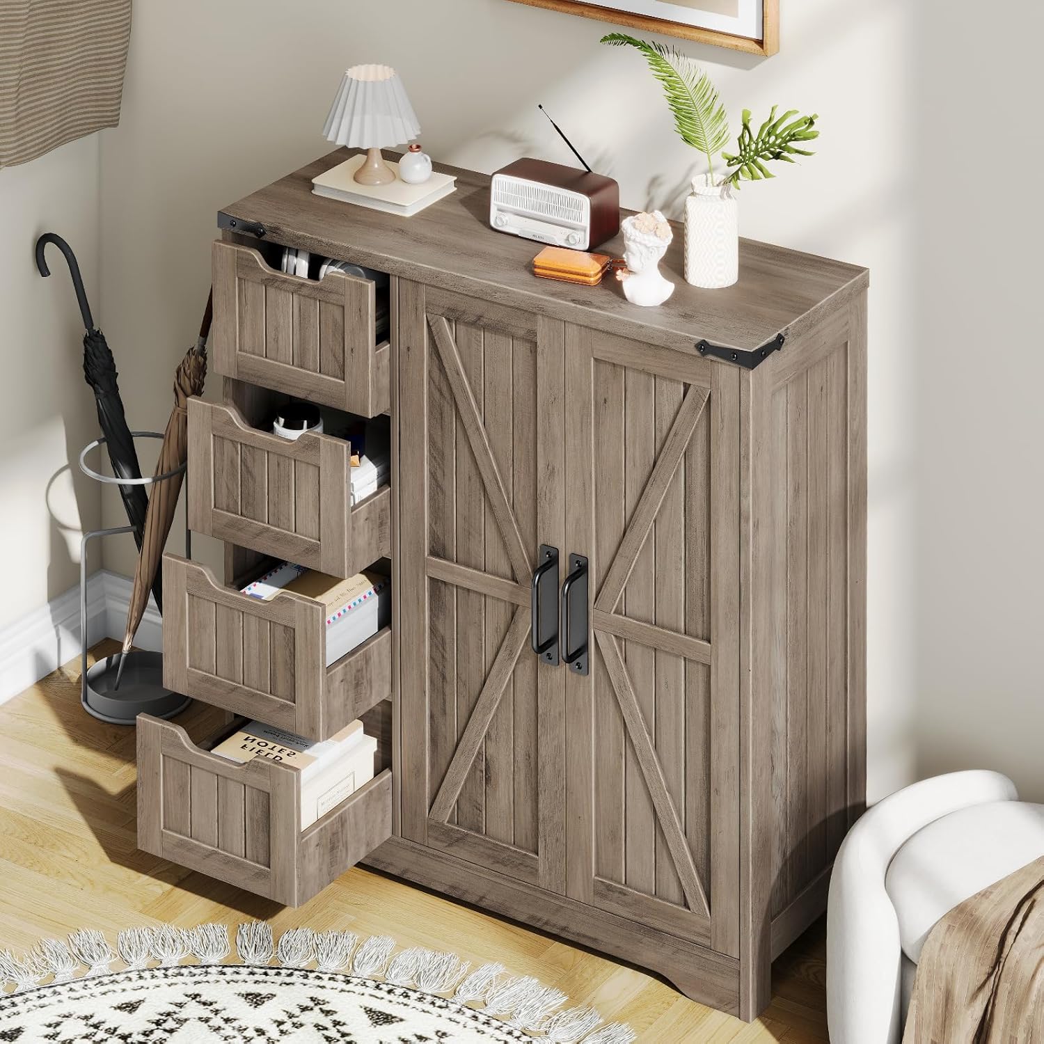 Vabches Farmhouse Bathroom Cabinet, Freestanding Storage Cabinet with 4 Drawers and 2 Doors, Rustic Storage Organizer with Adjustable Shelf for Bathroom, Living Room, Entryway, Grey