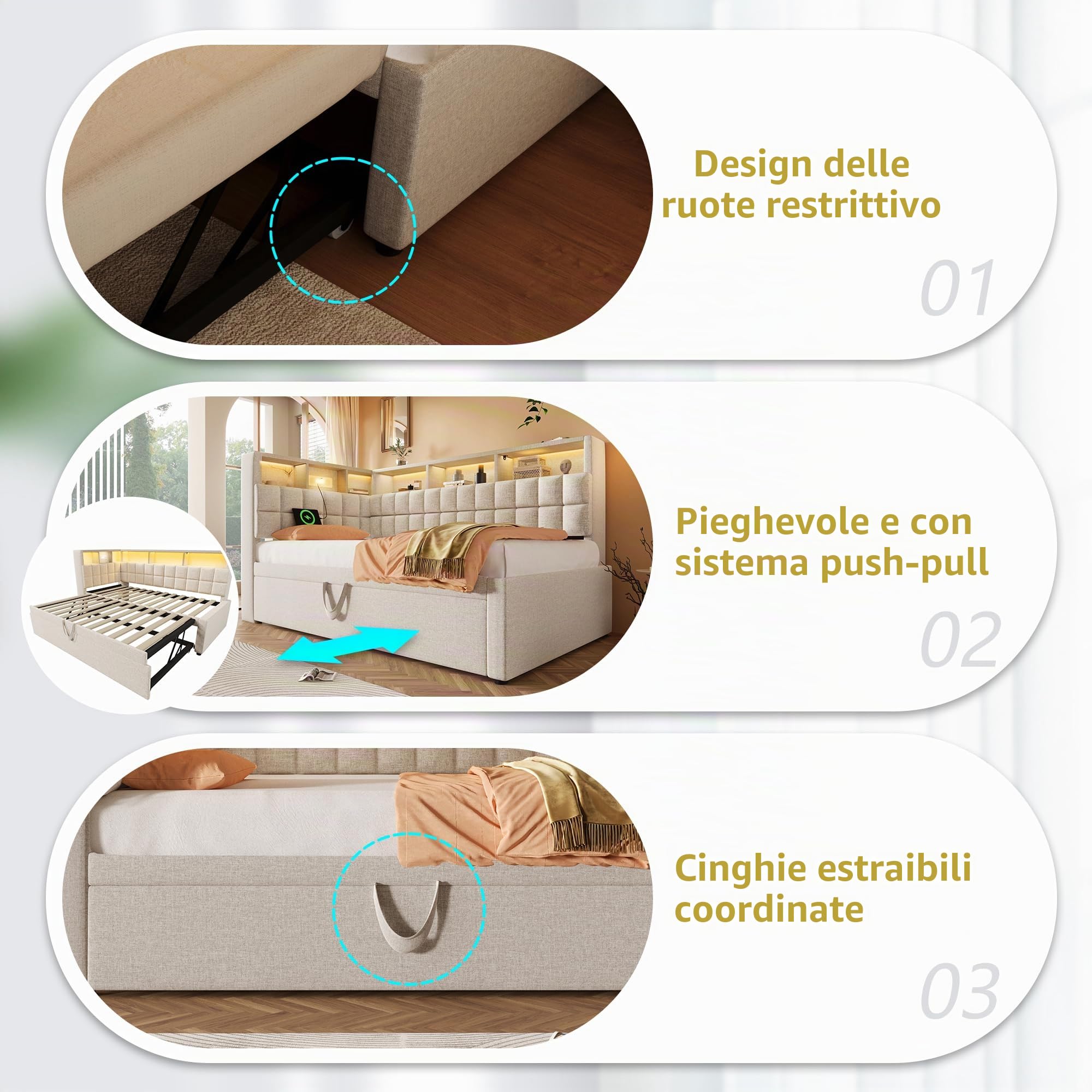 Divano letto 90x200 con Letto estraibile 90x190 con illuminazione a LED, Altoparlante Bluetooth, Porta di ricarica USB e Type-C, Testiera Portaoggetti, Montabile su entrambi i Lati,Tessuto di lino