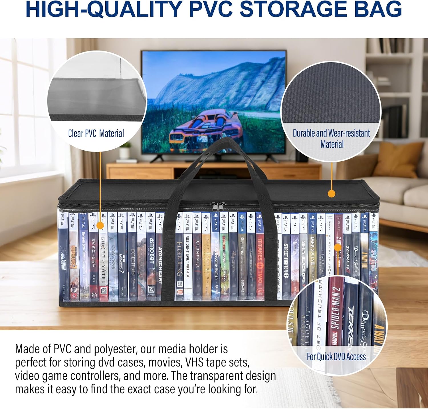 CCidea DVD Storage Bags Set of 2, Clear PVC Media Storage Organizer with Handles & Front Zipper Window, Stackable DVD/CD/Blu Ray Storage Cases for Movie Collections, Holds 35-40 DVDs Each