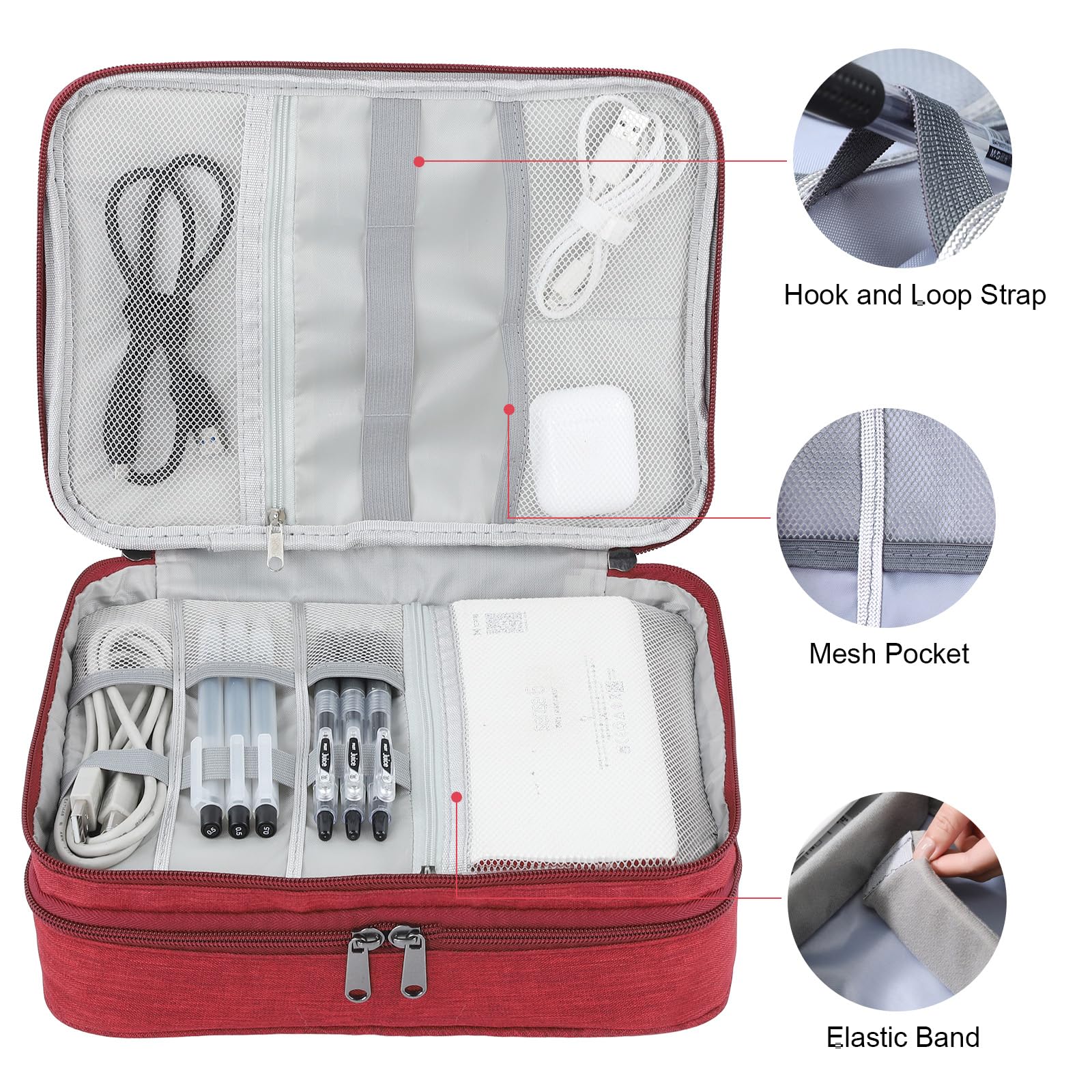 AiQInu Organizer Na Kable Torba Podróżna Wodoodporny Przenośny Organizator Na Kable Do Ładowarki, Pamięci USB, Słuchawek, Powerbanku, Dysku Twardego, Karty SD, Czerwone WinO - 3 Warstwy