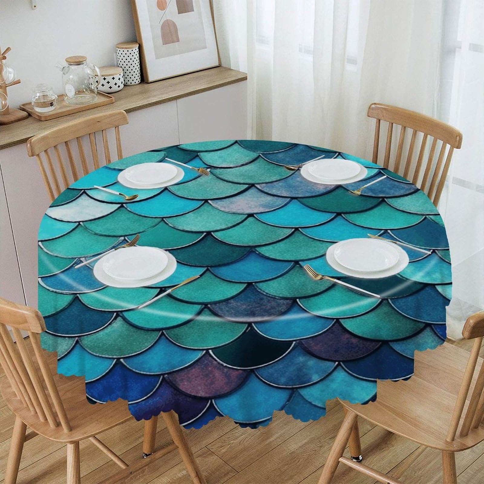 VstaDank Mermaid Round Tablecloth Premium Polyester Table Cloth Heavy Duty Washable Fabric Tablecloth Waterproof Holiday Table Cover Decorative Tablecloths for Dining 60"