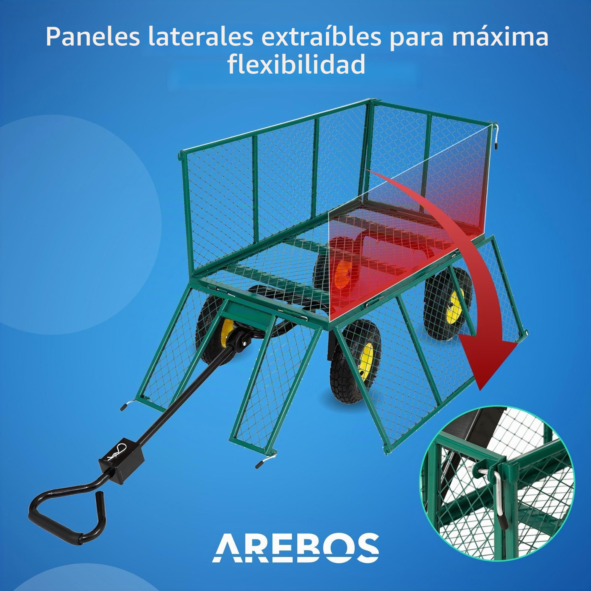 Arebos Carretilla Jardin | Carro de Transporte | Carro de Mano 550 kg | Plegable con Lona extraíble | Llantas de Acero con rodamiento de Bolas | Incluye asa y Barra
