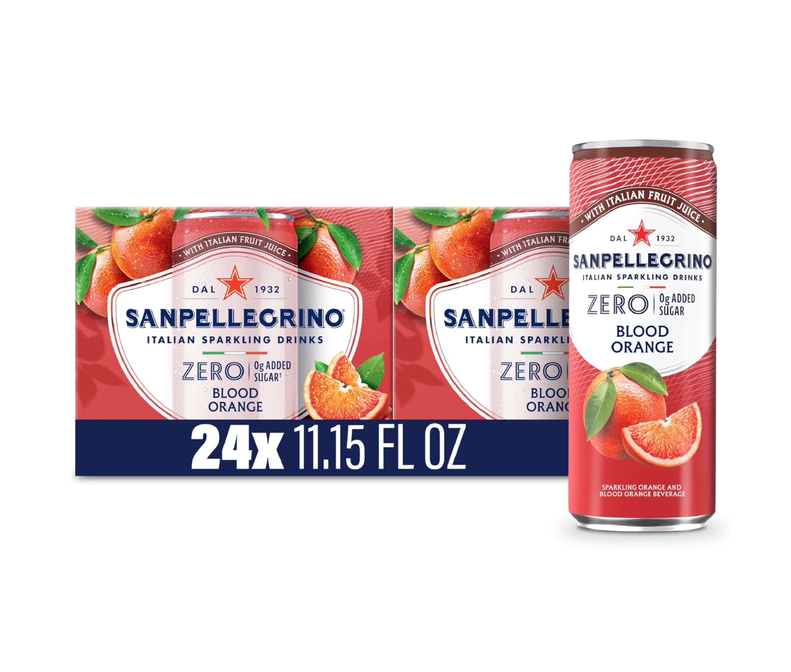 Sanpellegrino Zero Grams Added Sugar Italian Sparkling Drinks, Sparkling Aranciata Rossa Beverage, 24 Pack of 11.15 Fl Oz Cans