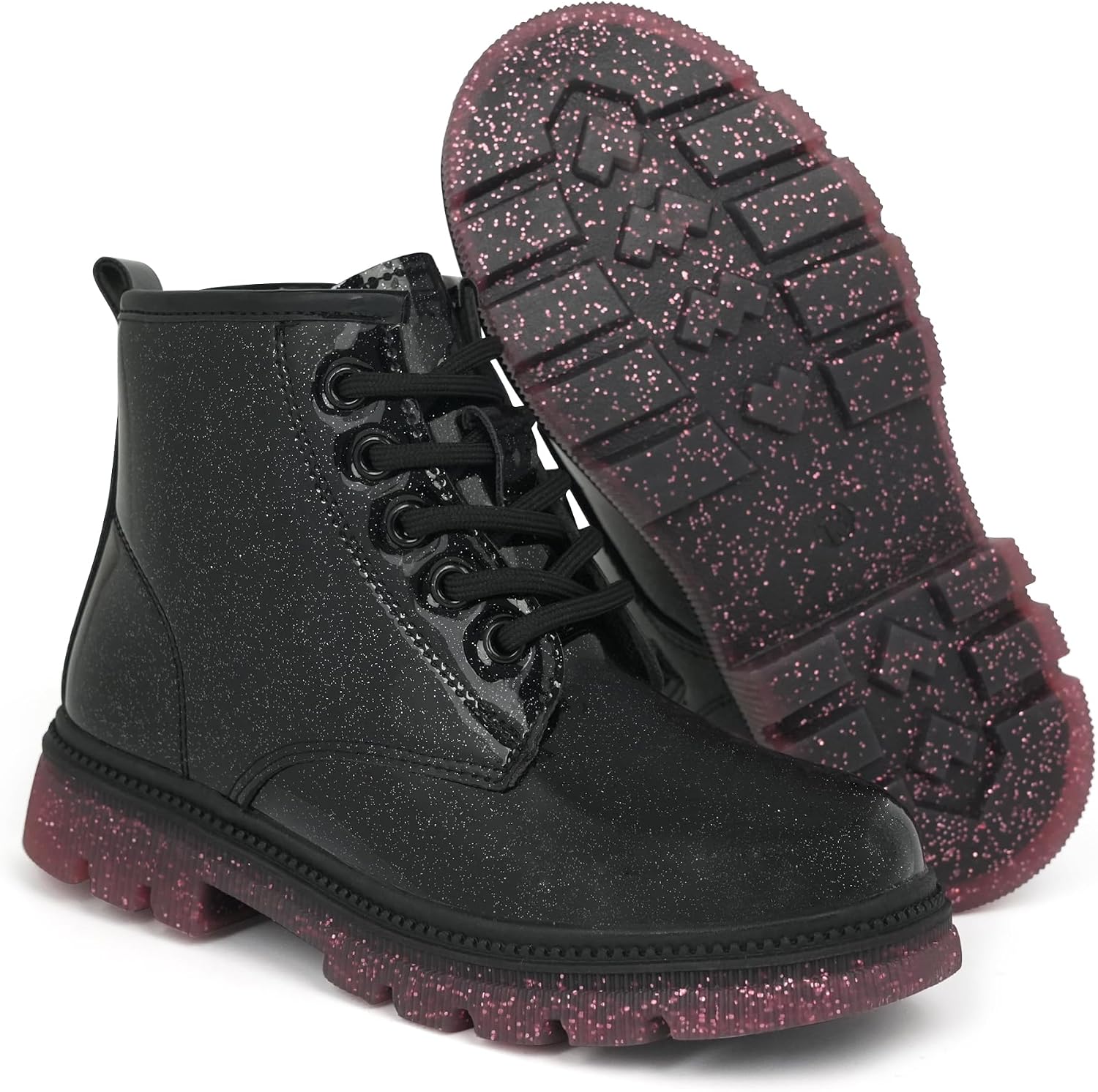 JABASIC Girls Ankle Boots Kids Lace-up Glittery Combat Work Boot