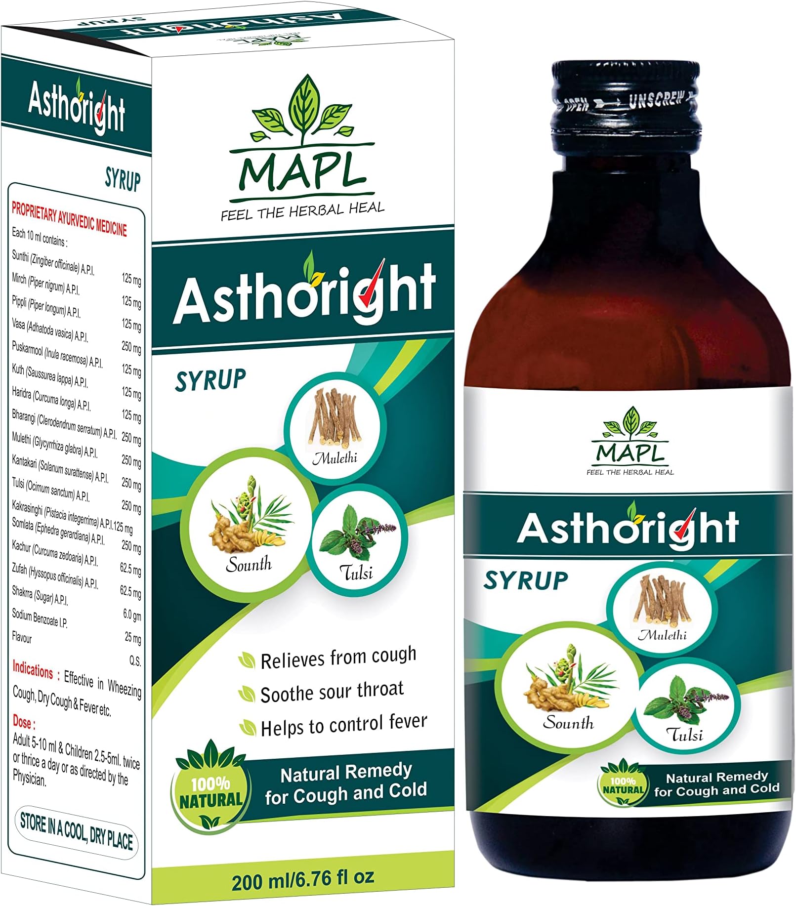 MAPL Asthoright Syrup Ayurvedic Enriched with Mulethi, Tulsi, Saunth & Pippal Relieves Cough, Cold & Seasonal Flu Supports Immunity | 200ml