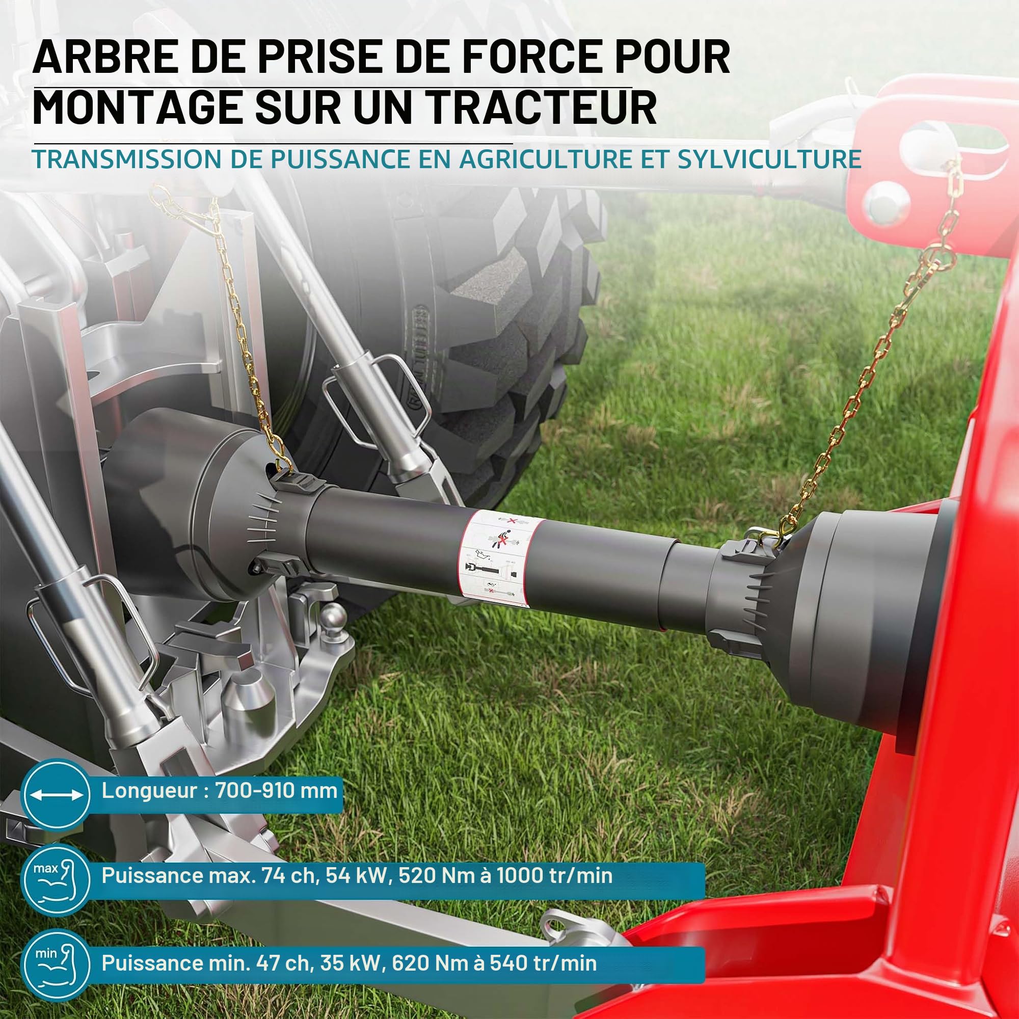 WilTec Arbre de Transmission T5 Cardan 700mm 620Nm 540 TR/Min 54kW (74CV) 2X 1 3/8" 6 Dents Prise Force