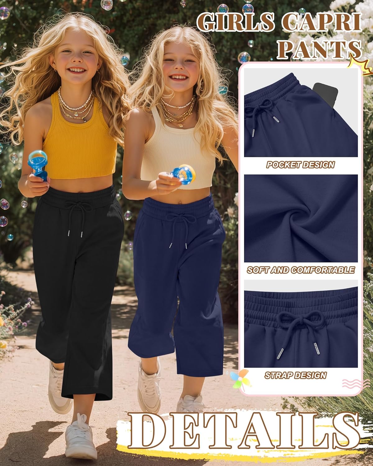 Halfchet 3 Pack Girls Capri Pants Wide Leg Baggy Cropped Sweatpants Kids Basic Casual Capris with Pockets for Ages 5-14
